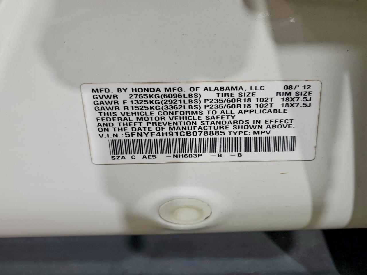 2012 Honda Pilot Touring White vin: 5FNYF4H91CB078885