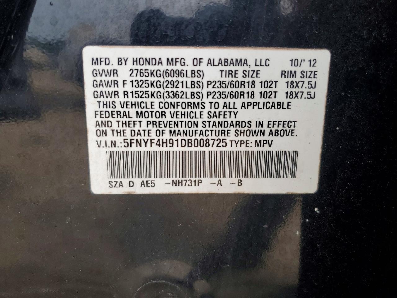 2013 Honda Pilot Touring Black vin: 5FNYF4H91DB008725