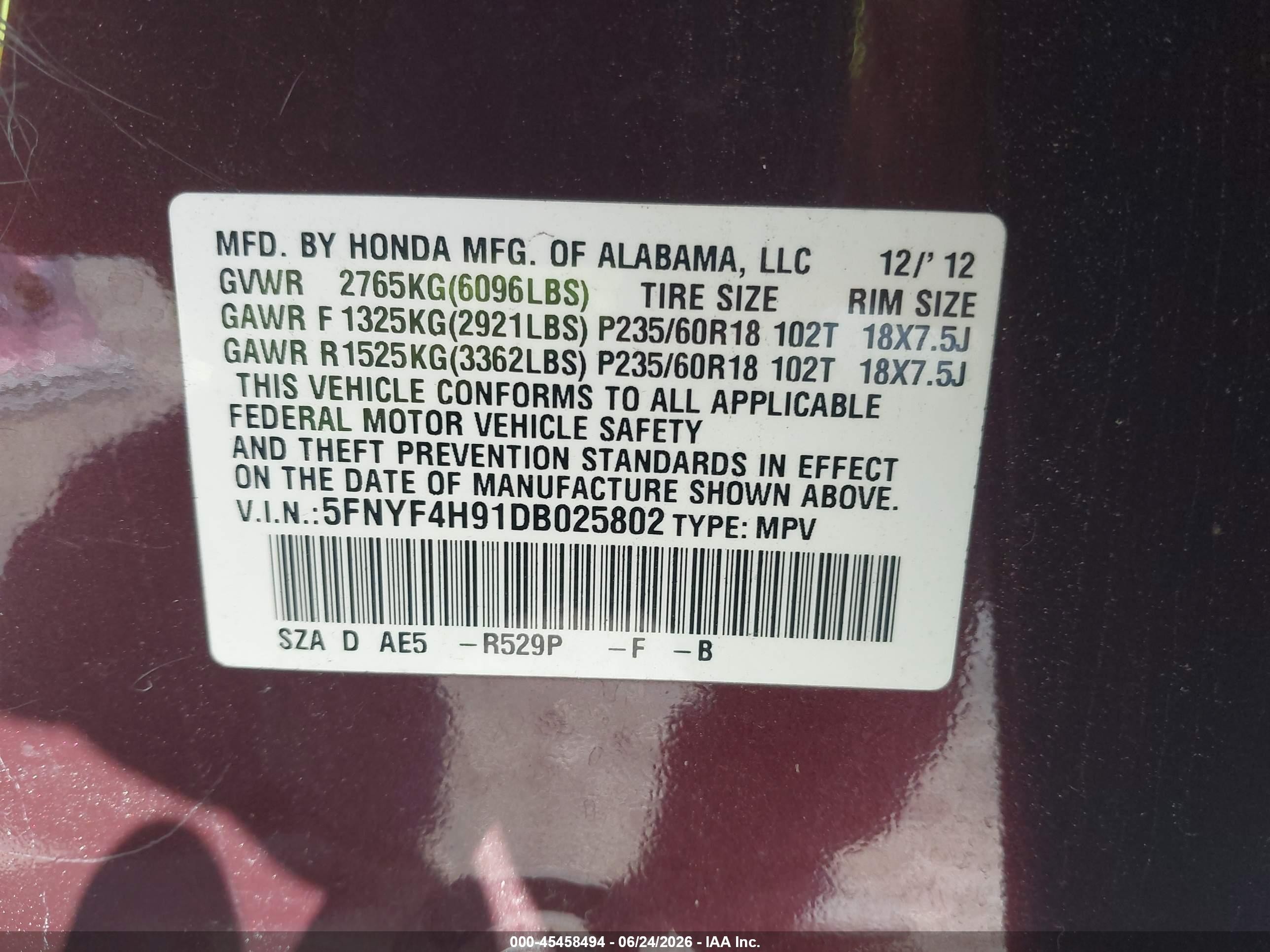 2013 Honda Pilot Touring Бордовый vin: 5FNYF4H91DB025802