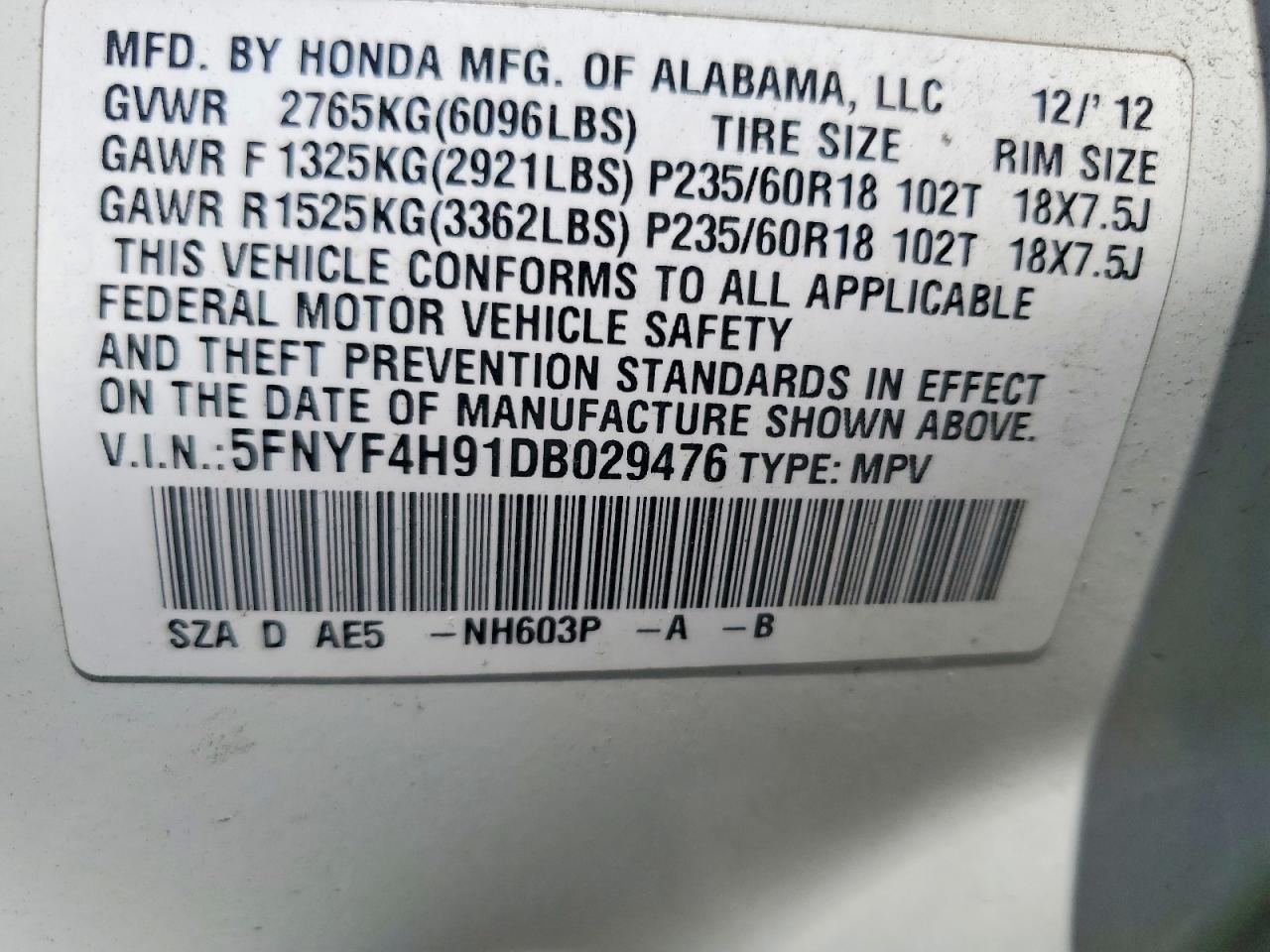 2013 Honda Pilot Touring White vin: 5FNYF4H91DB029476
