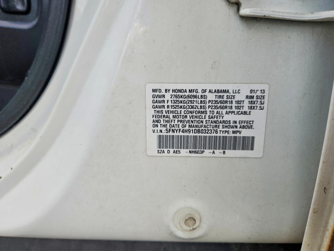 2013 Honda Pilot Touring White vin: 5FNYF4H91DB032376