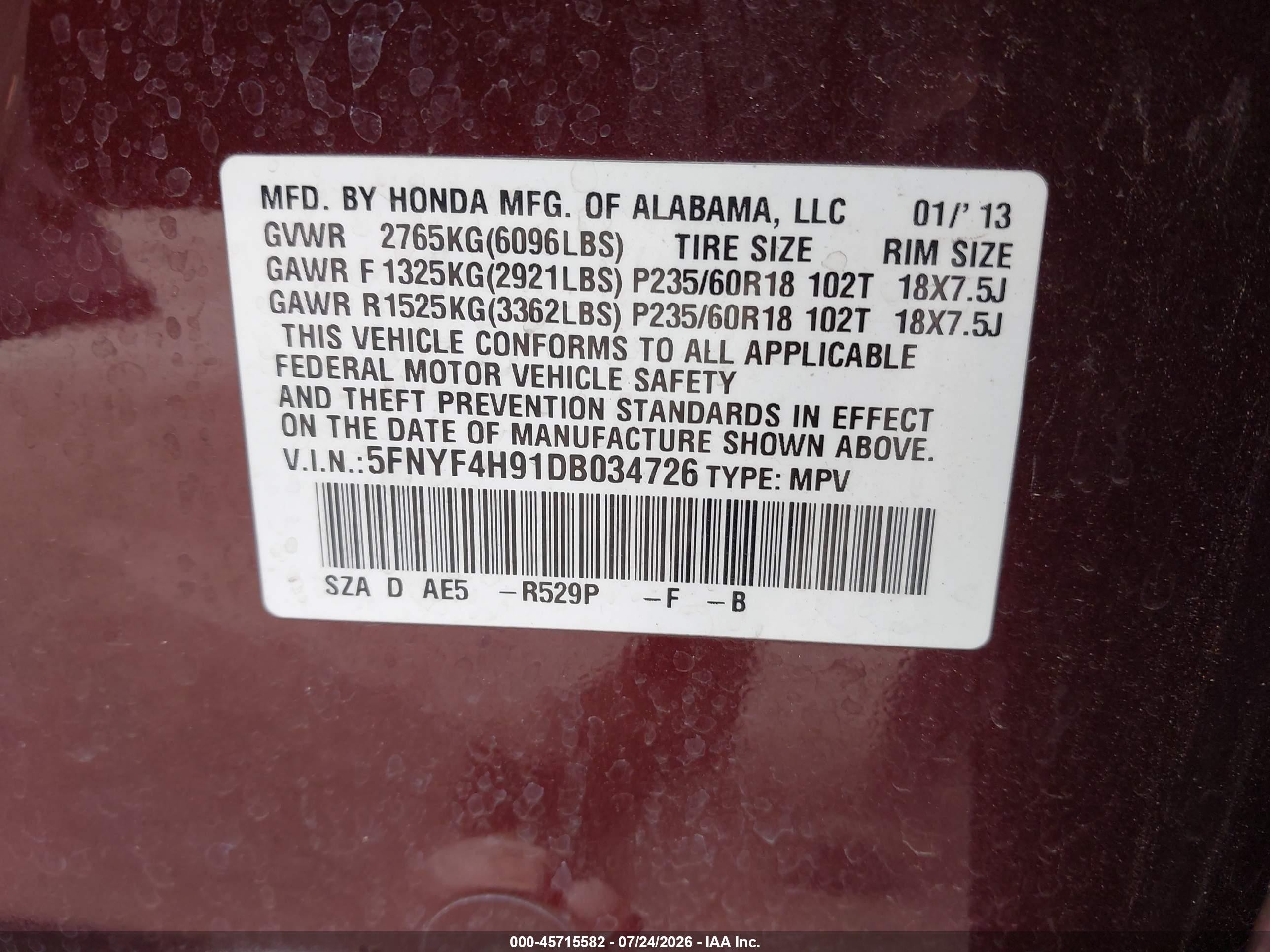 2013 Honda Pilot Touring Burgundy vin: 5FNYF4H91DB034726