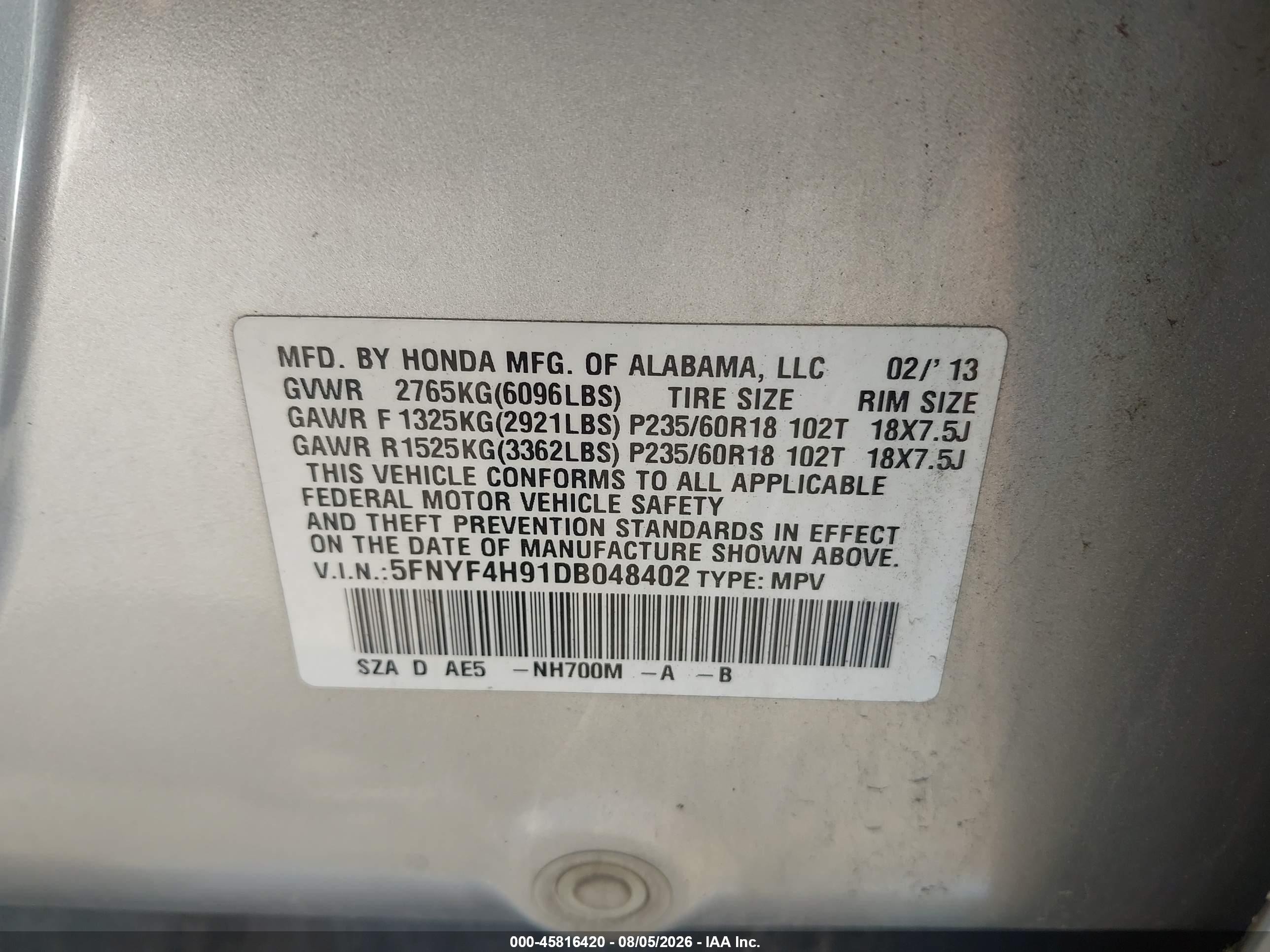 2013 Honda Pilot Touring Silver vin: 5FNYF4H91DB048402