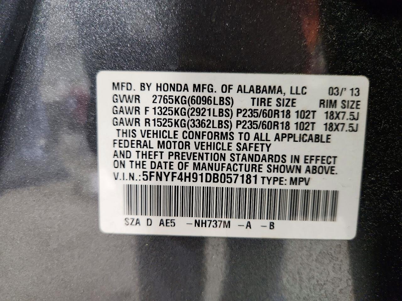 2013 Honda Pilot Touring Gray vin: 5FNYF4H91DB057181