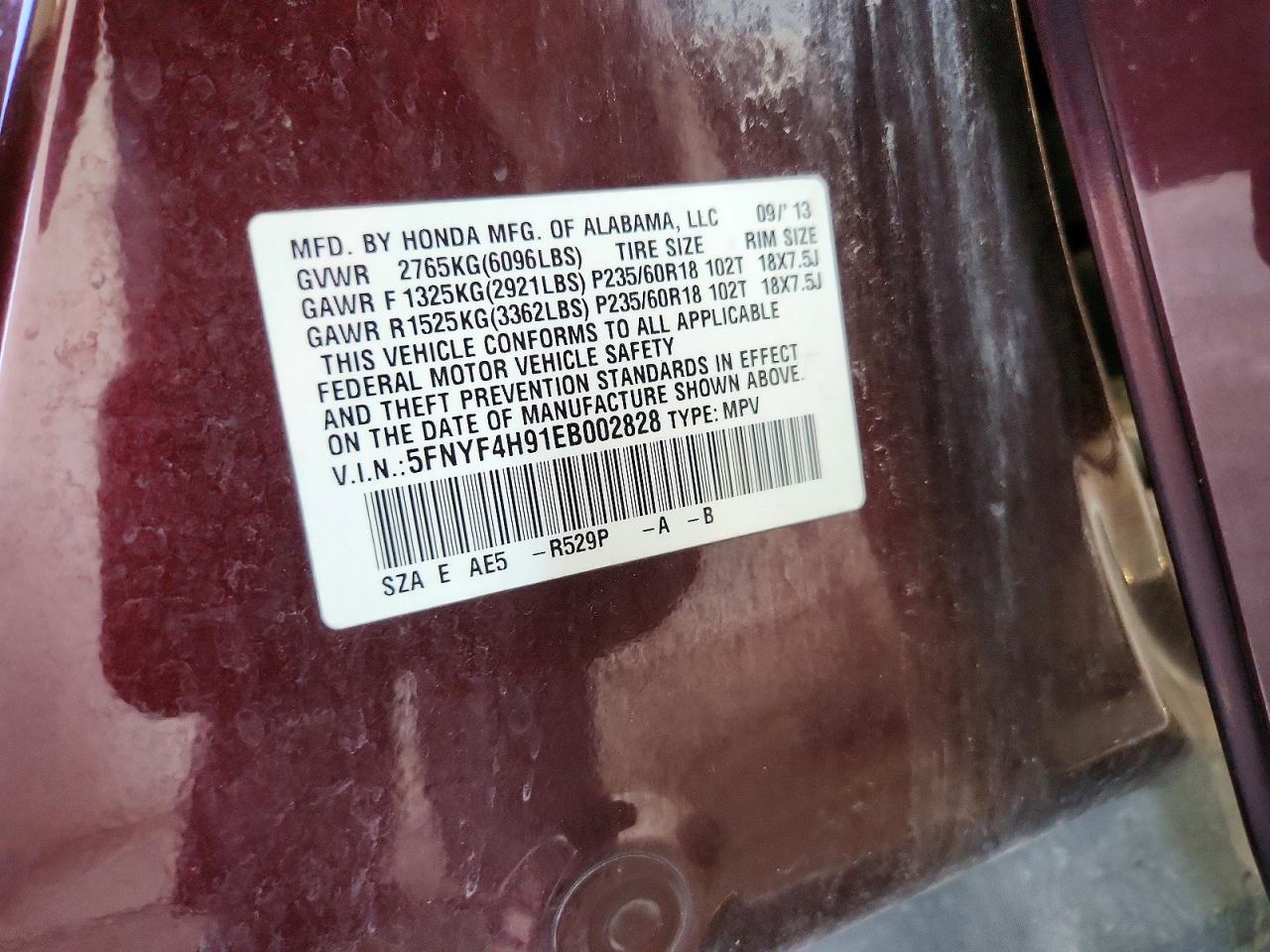 2014 Honda Pilot Touring Maroon vin: 5FNYF4H91EB002828
