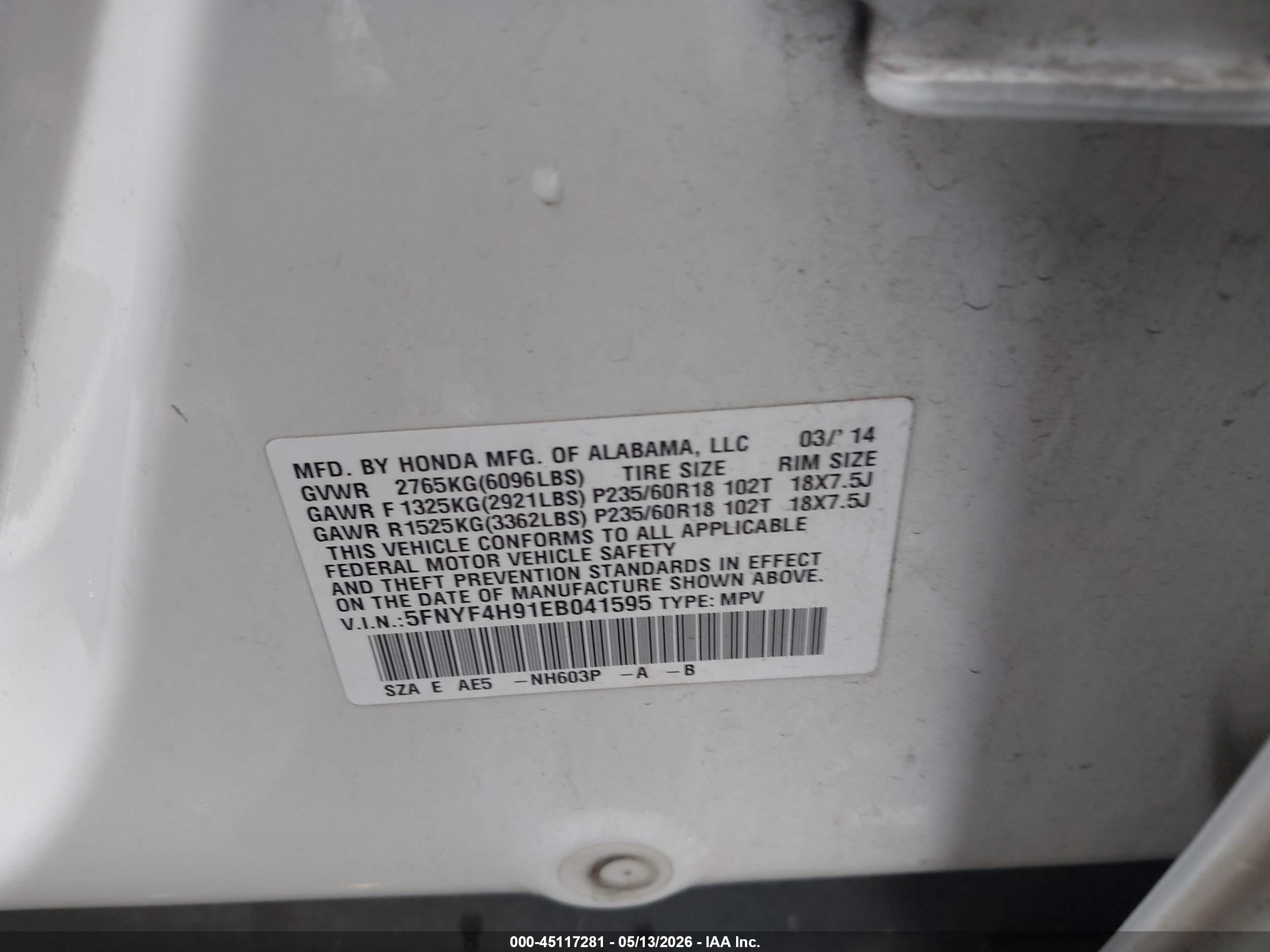 2014 Honda Pilot Touring White vin: 5FNYF4H91EB041595