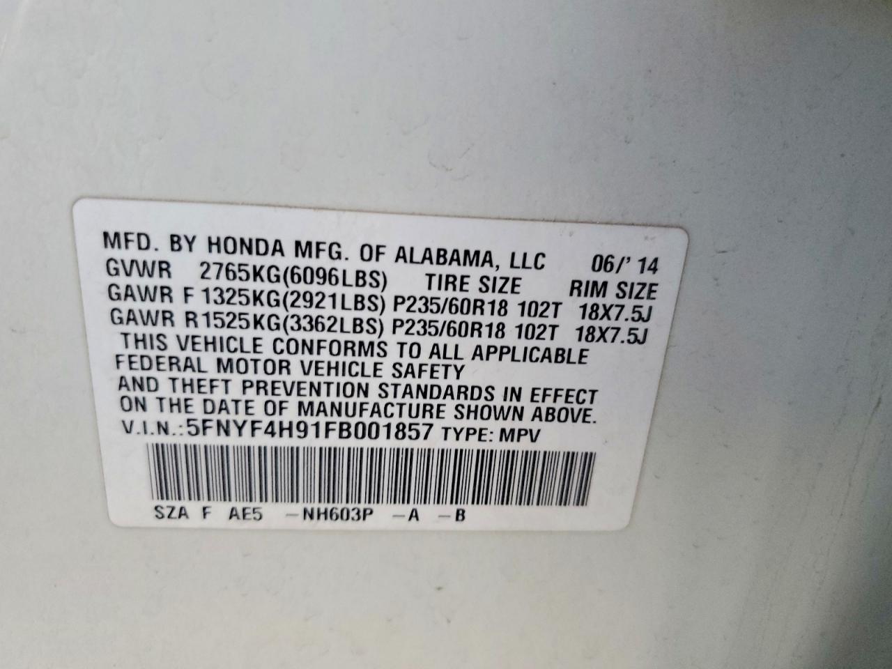 2015 Honda Pilot Touring White vin: 5FNYF4H91FB001857