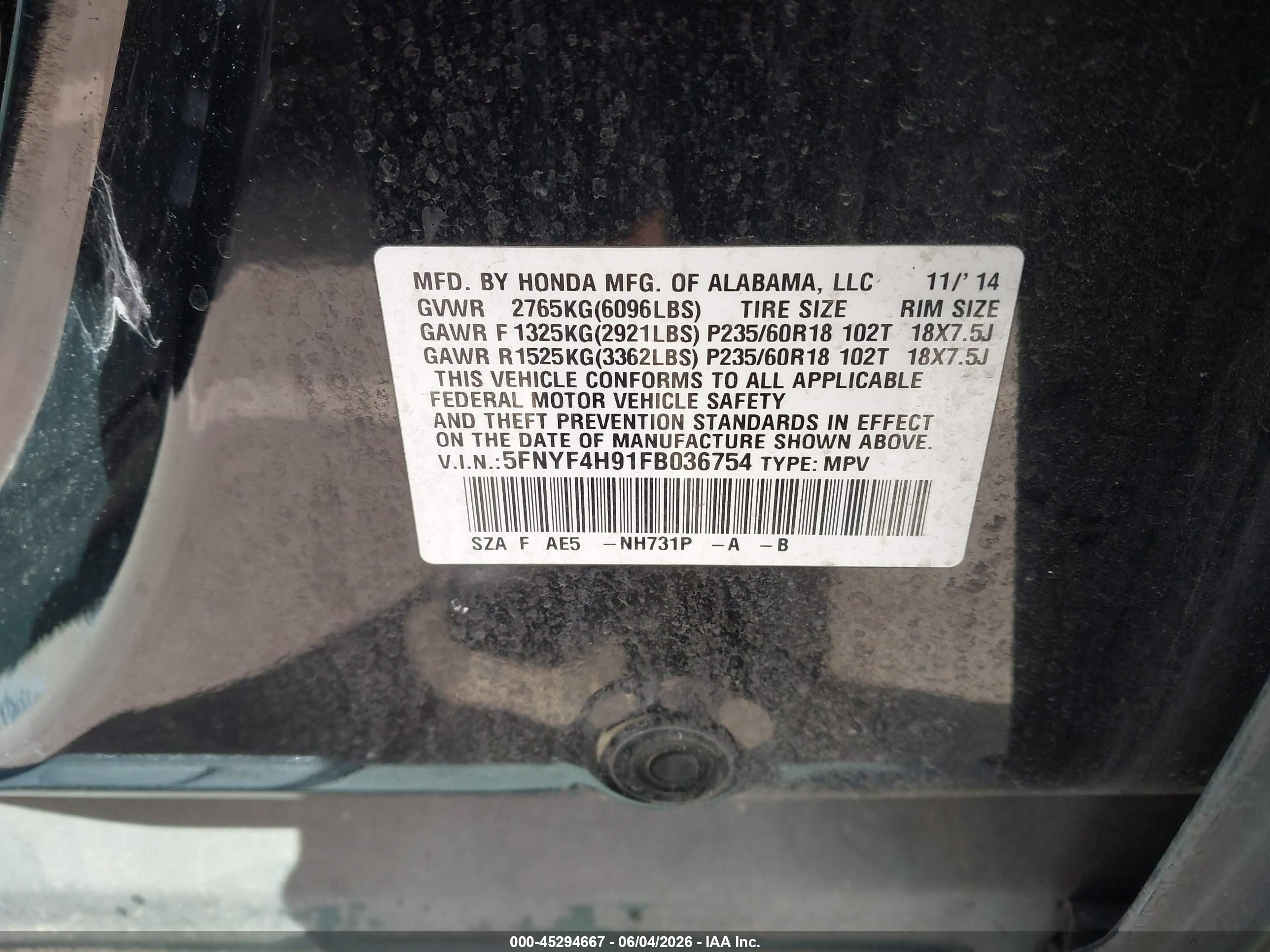 2015 Honda Pilot Touring Black vin: 5FNYF4H91FB036754