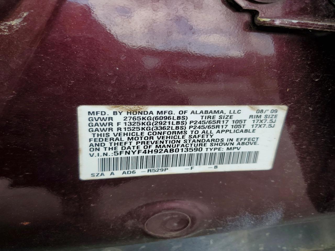 2010 Honda Pilot Touring Burgundy vin: 5FNYF4H92AB013590