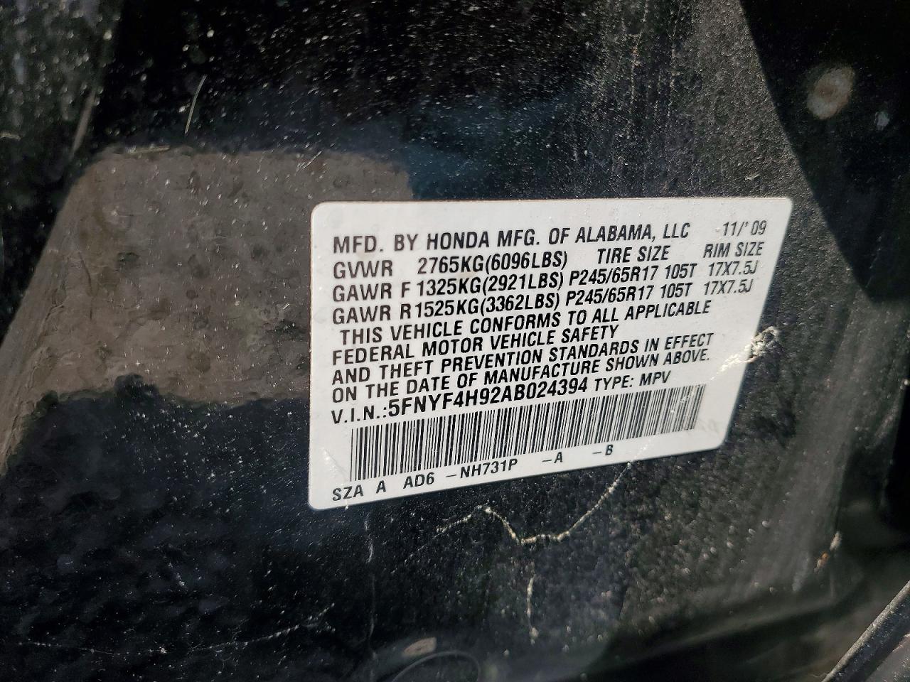 2010 Honda Pilot Touring Black vin: 5FNYF4H92AB024394