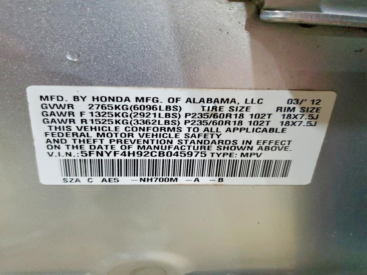 2012 Honda Pilot Touring Silver vin: 5FNYF4H92CB045975