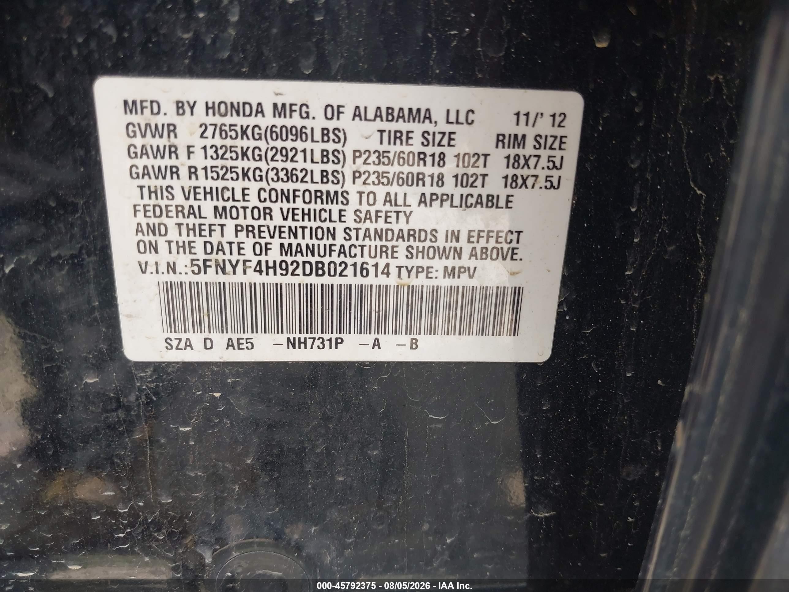 2013 Honda Pilot Touring Black vin: 5FNYF4H92DB021614