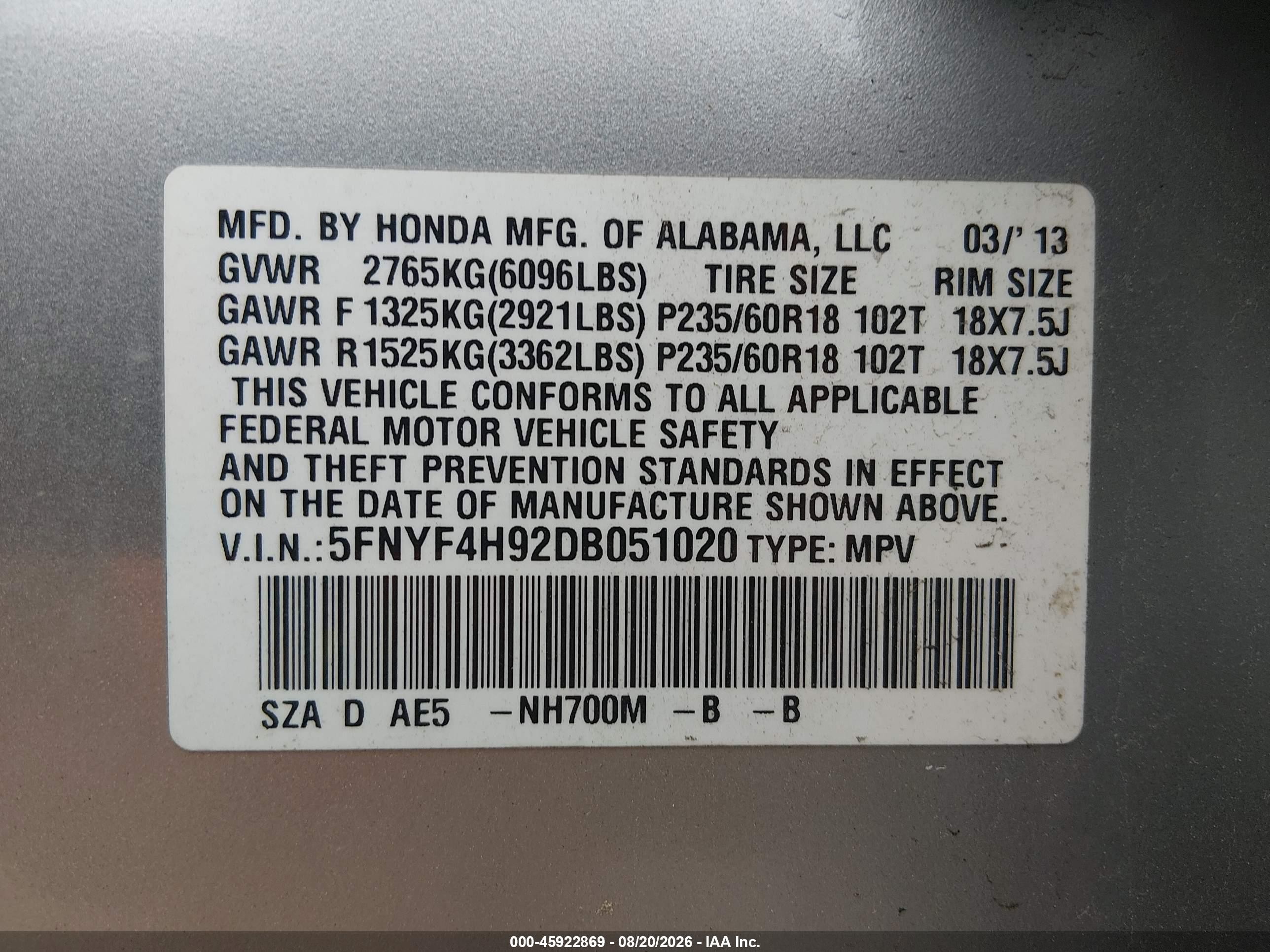 2013 Honda Pilot Touring Silver vin: 5FNYF4H92DB051020