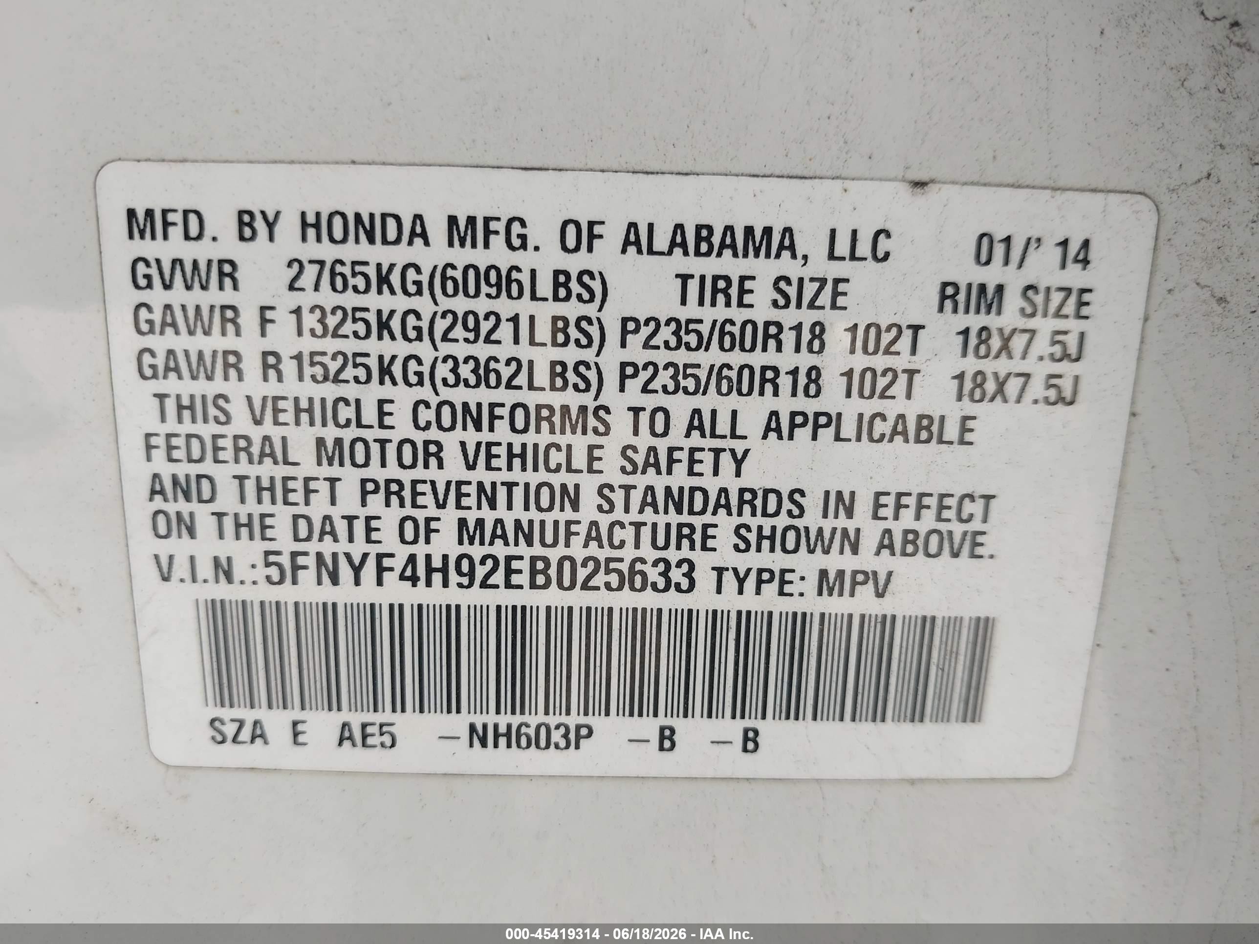 2014 Honda Pilot Touring White vin: 5FNYF4H92EB025633