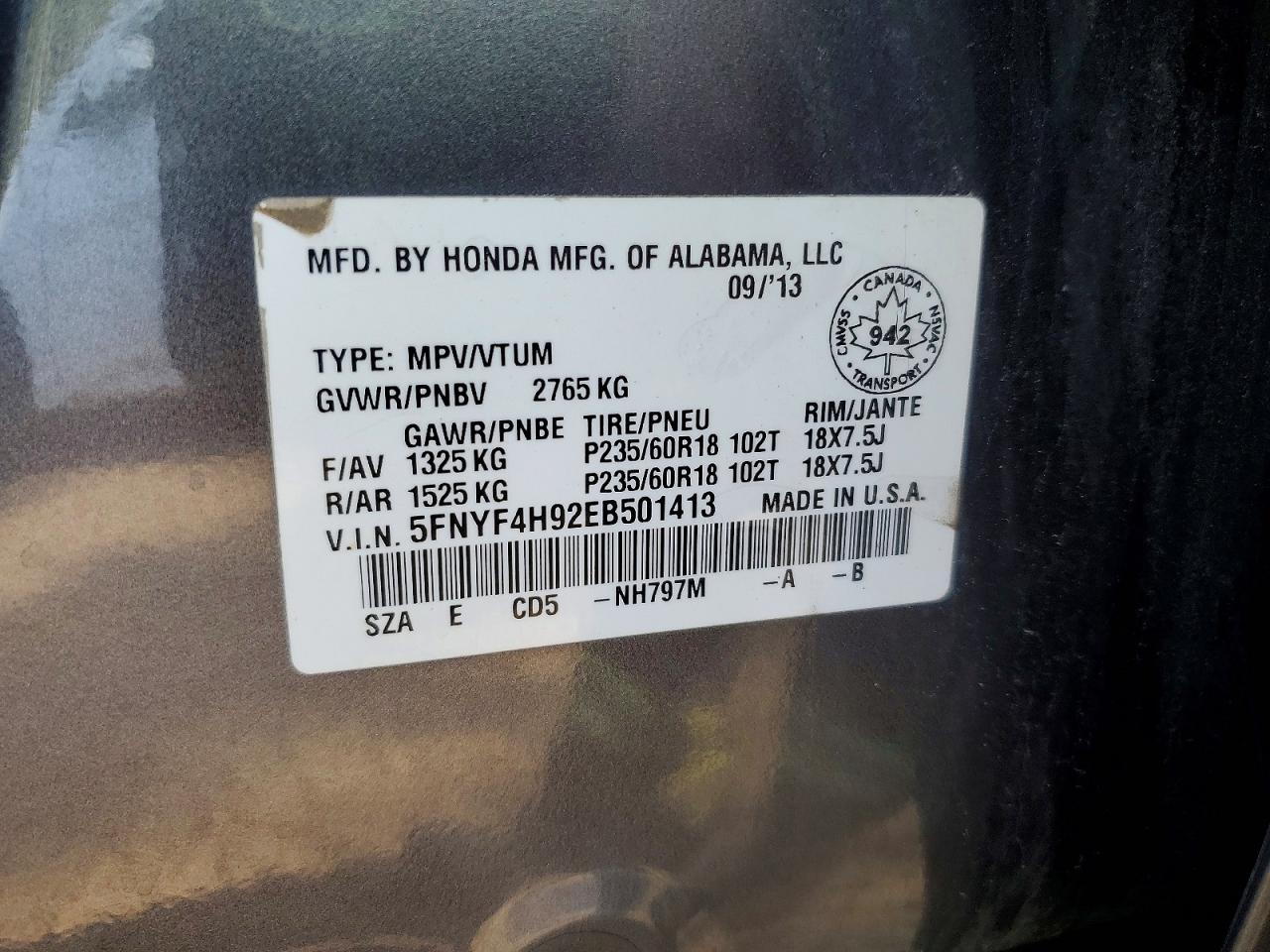 2014 Honda Pilot Touring Charcoal vin: 5FNYF4H92EB501413