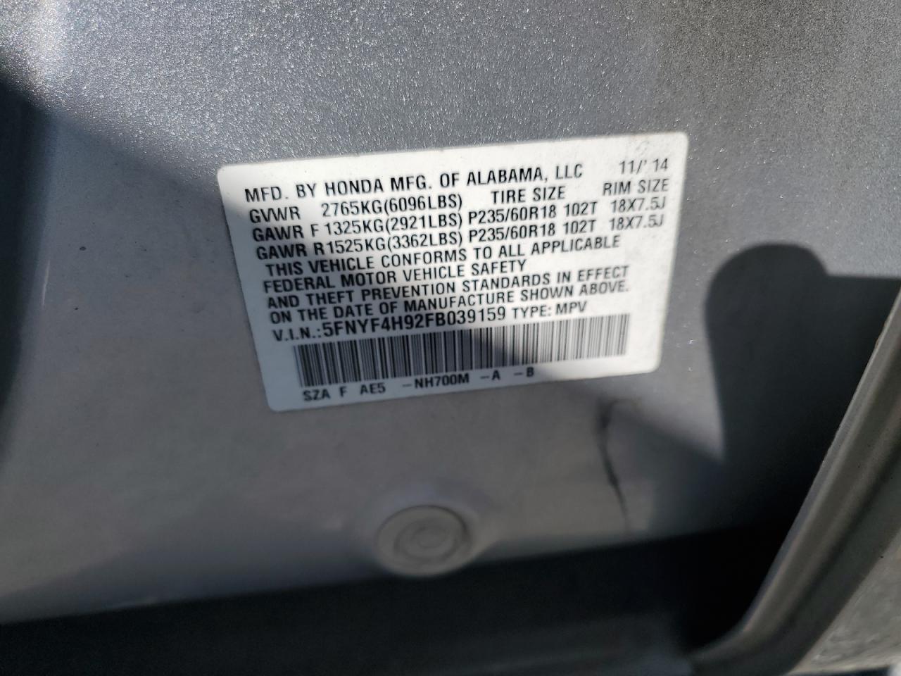2015 Honda Pilot Touring Серый vin: 5FNYF4H92FB039159