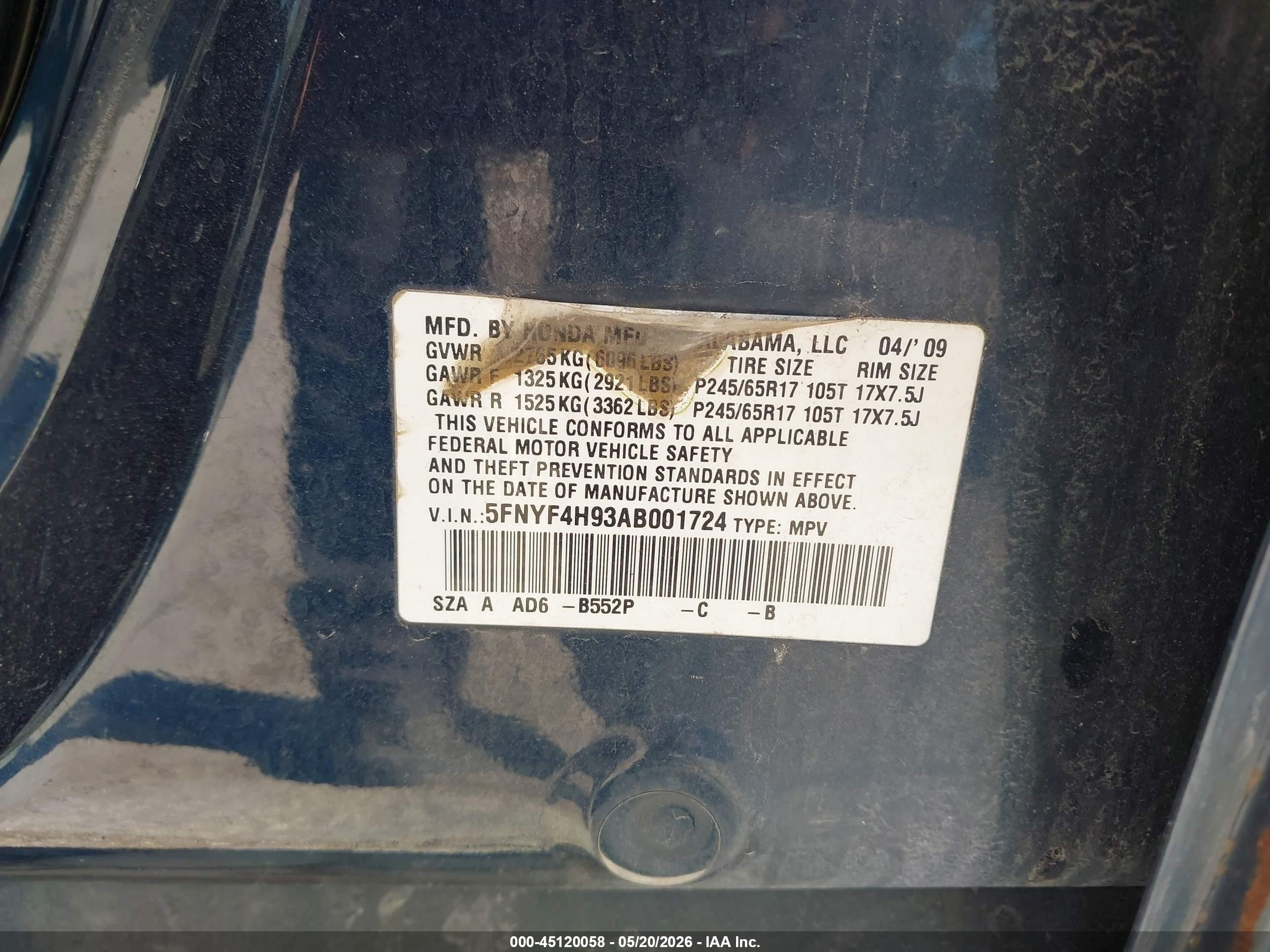 2010 Honda Pilot Touring Navy vin: 5FNYF4H93AB001724