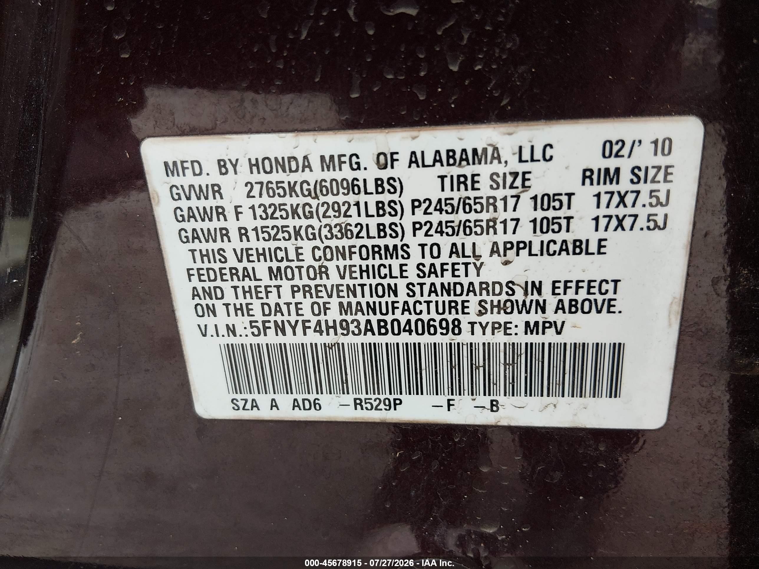 2010 Honda Pilot Touring Burgundy vin: 5FNYF4H93AB040698