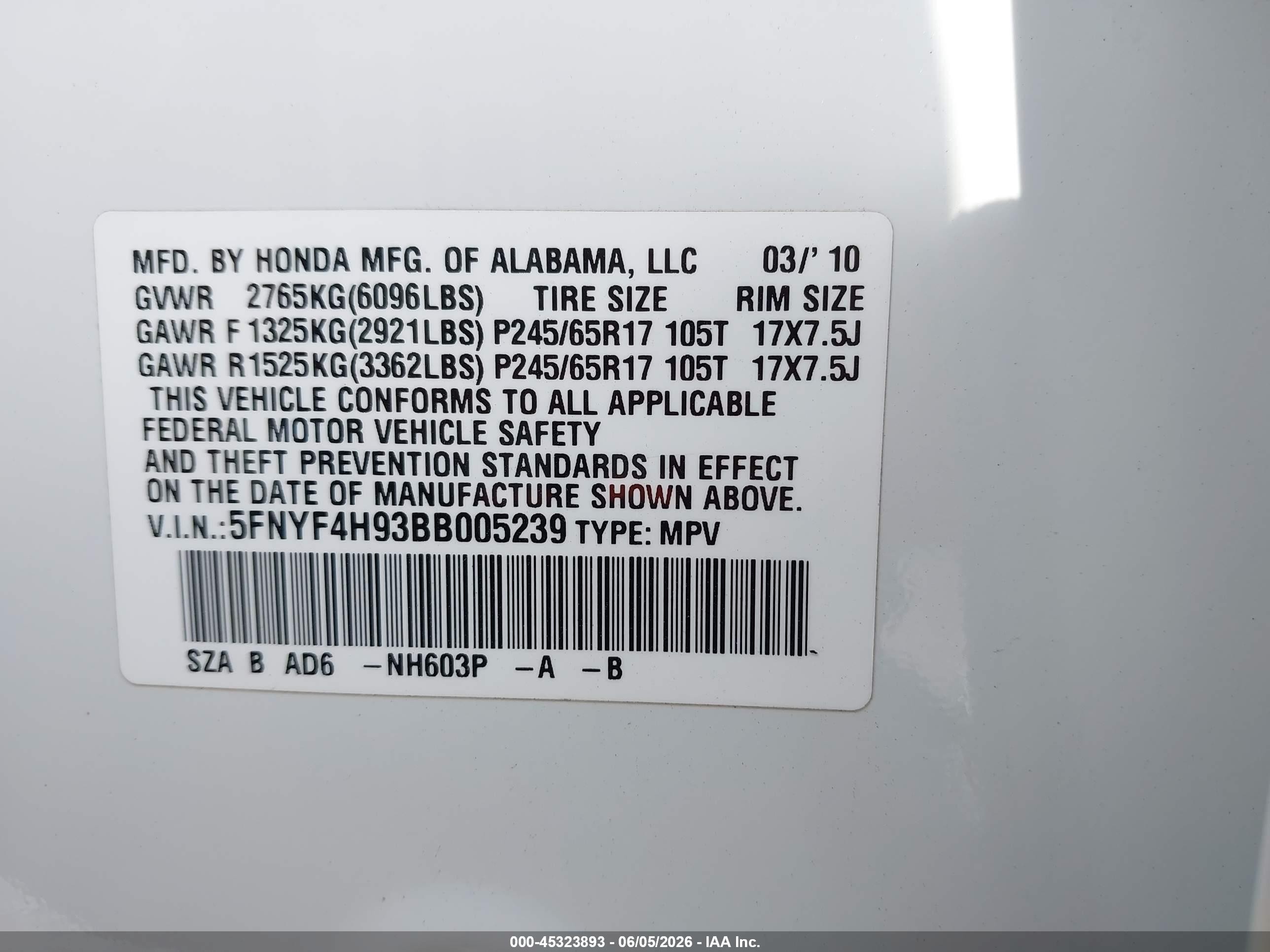 2011 Honda Pilot Touring White vin: 5FNYF4H93BB005239