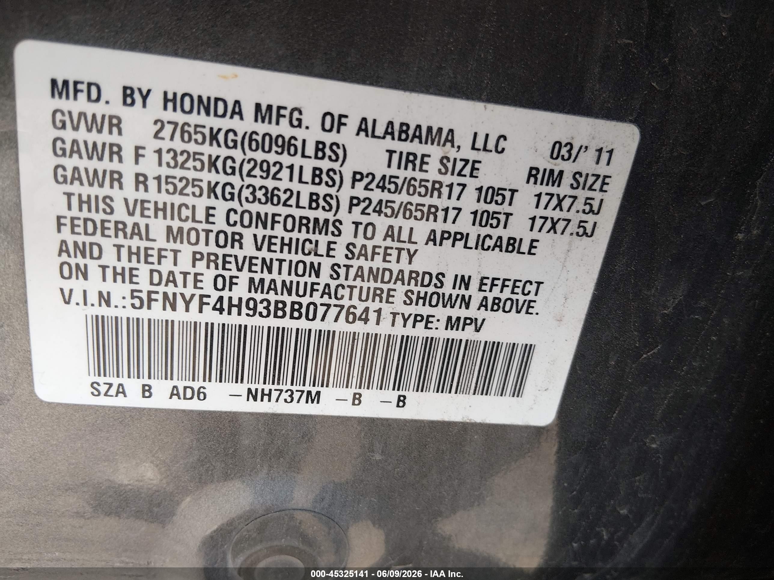 2011 Honda Pilot Touring Gray vin: 5FNYF4H93BB077641