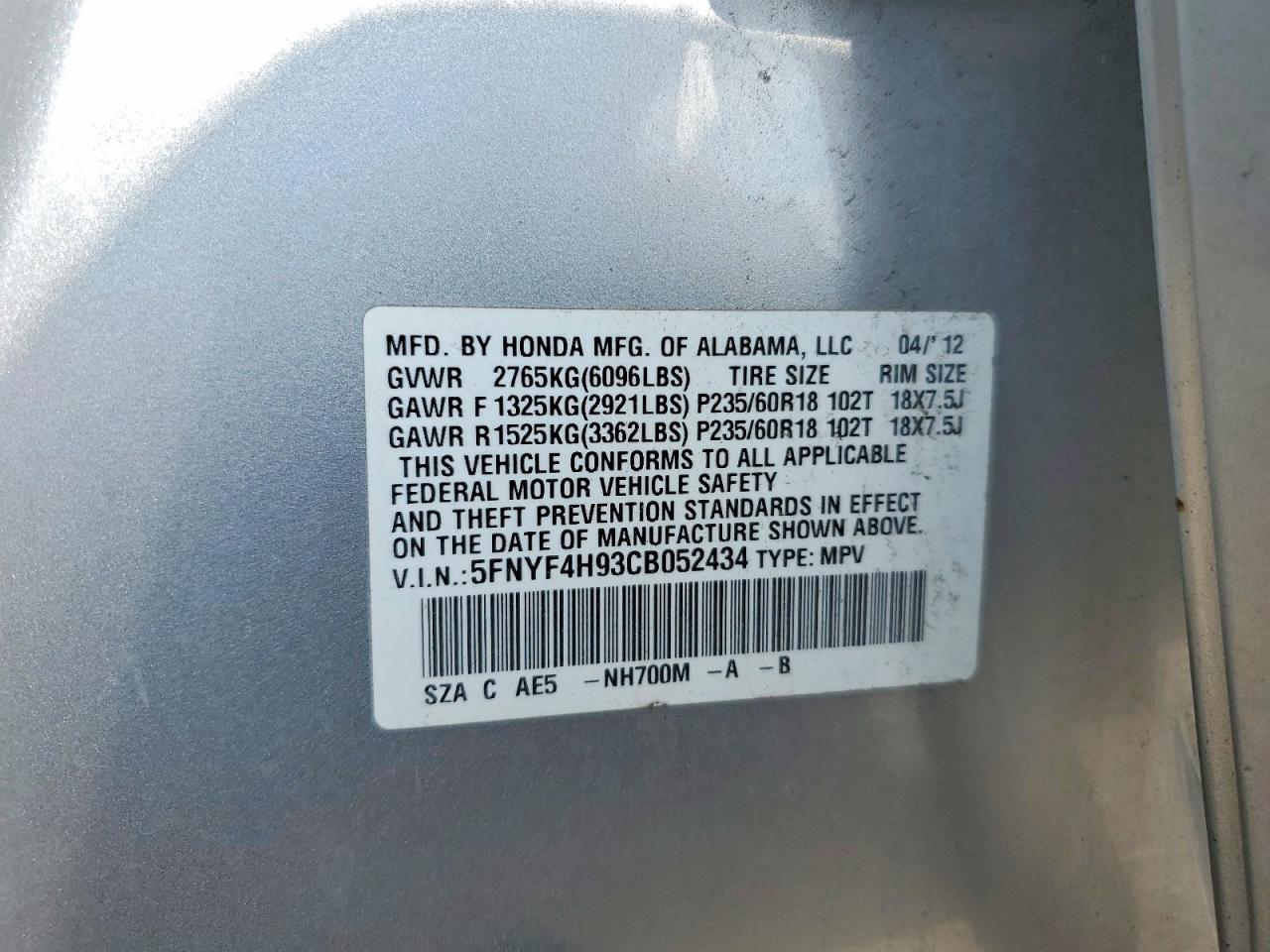 2012 Honda Pilot Touring Серебряный vin: 5FNYF4H93CB052434