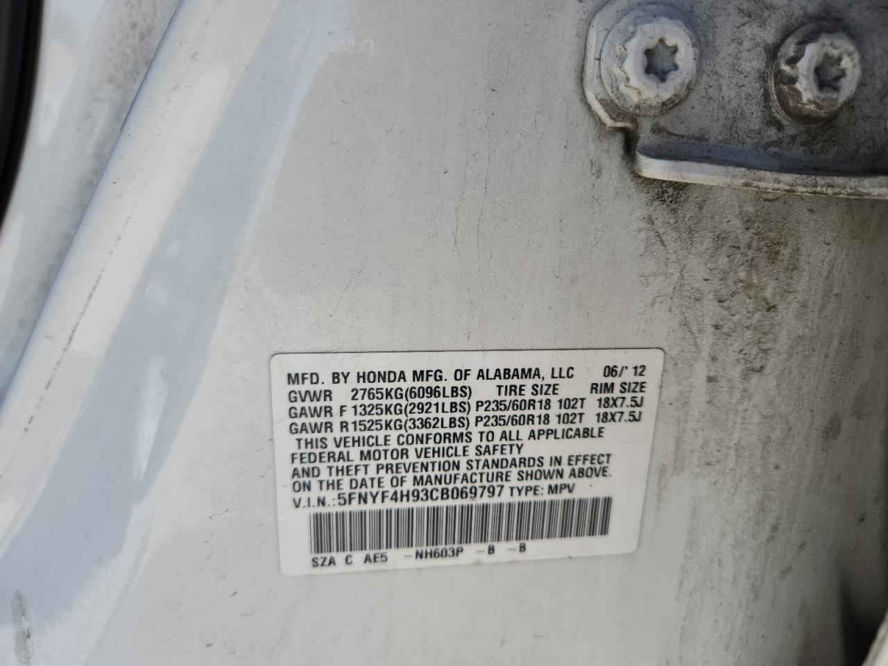 2012 Honda Pilot Touring White vin: 5FNYF4H93CB069797