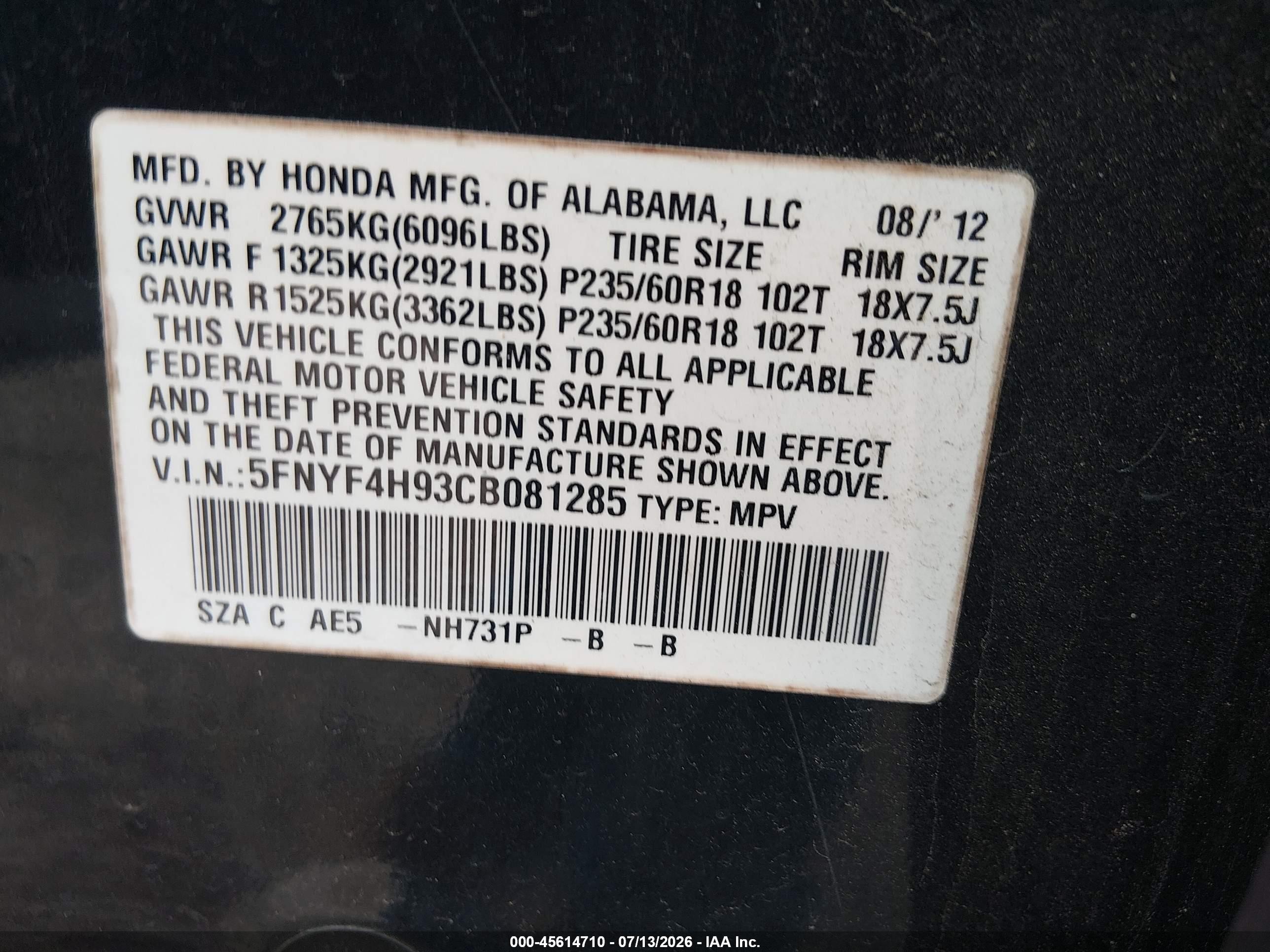 2012 Honda Pilot Touring Black vin: 5FNYF4H93CB081285