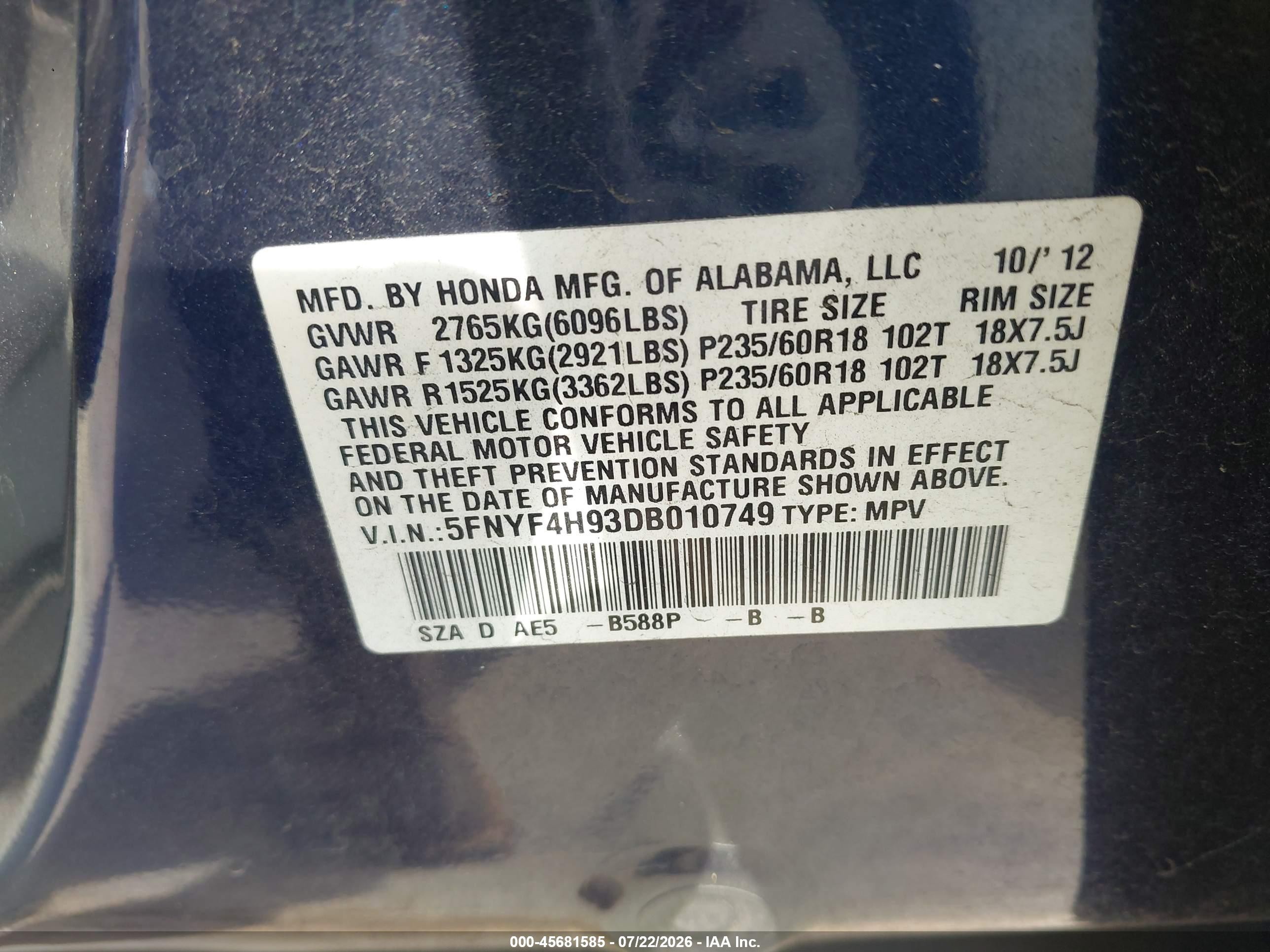 2013 Honda Pilot Touring Blue vin: 5FNYF4H93DB010749