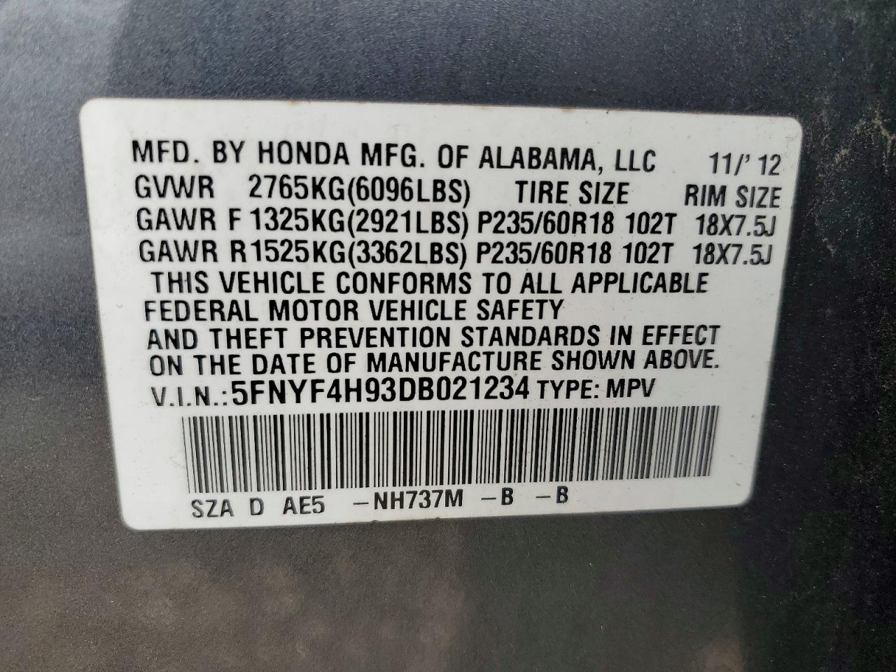 2013 Honda Pilot Touring Gray vin: 5FNYF4H93DB021234