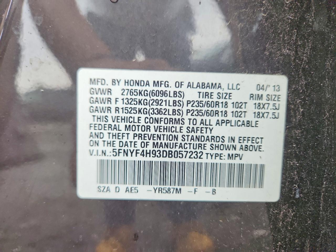 2013 Honda Pilot Touring Gray vin: 5FNYF4H93DB057232