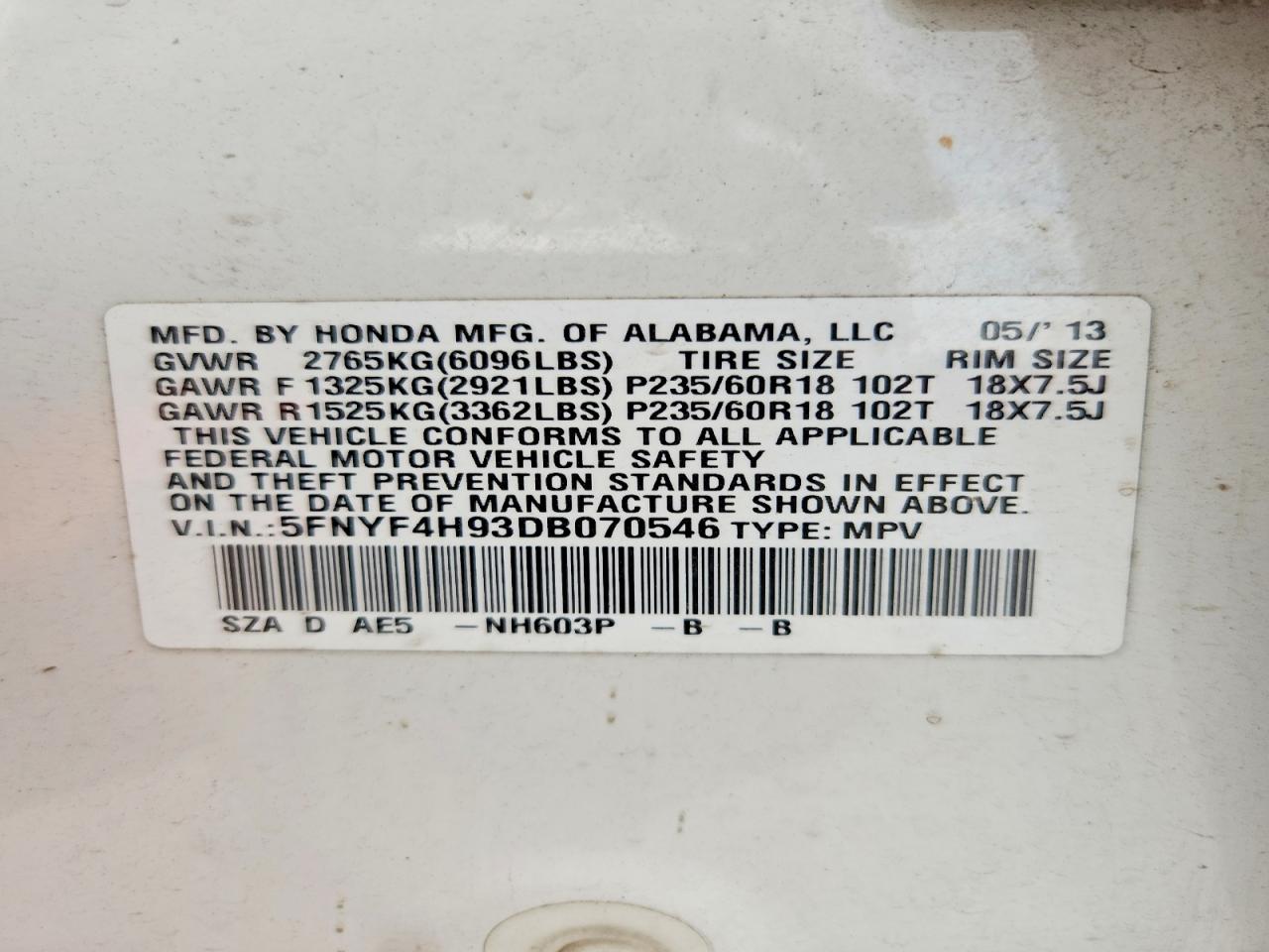 2013 Honda Pilot Touring White vin: 5FNYF4H93DB070546
