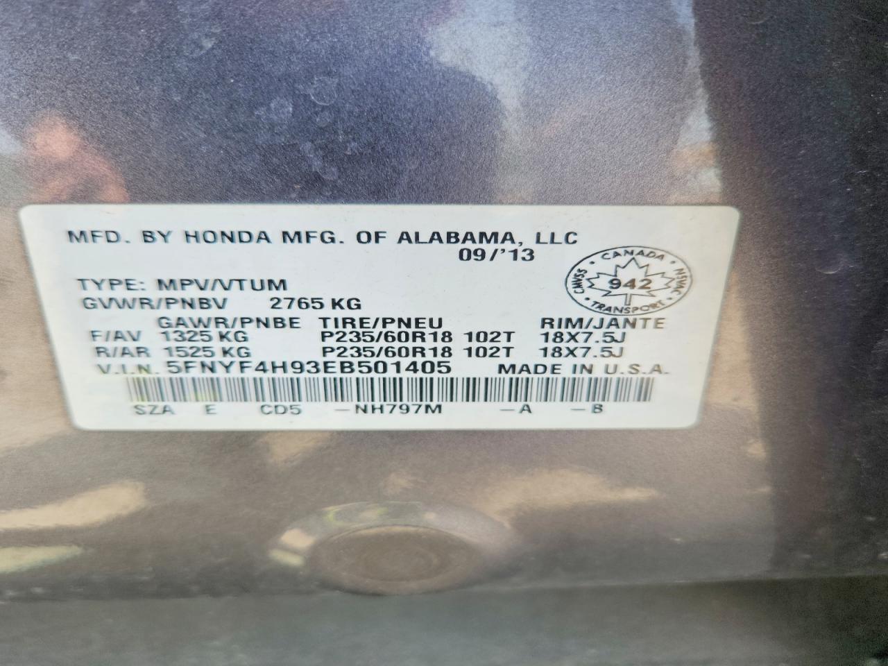 2014 Honda Pilot Touring Gray vin: 5FNYF4H93EB501405