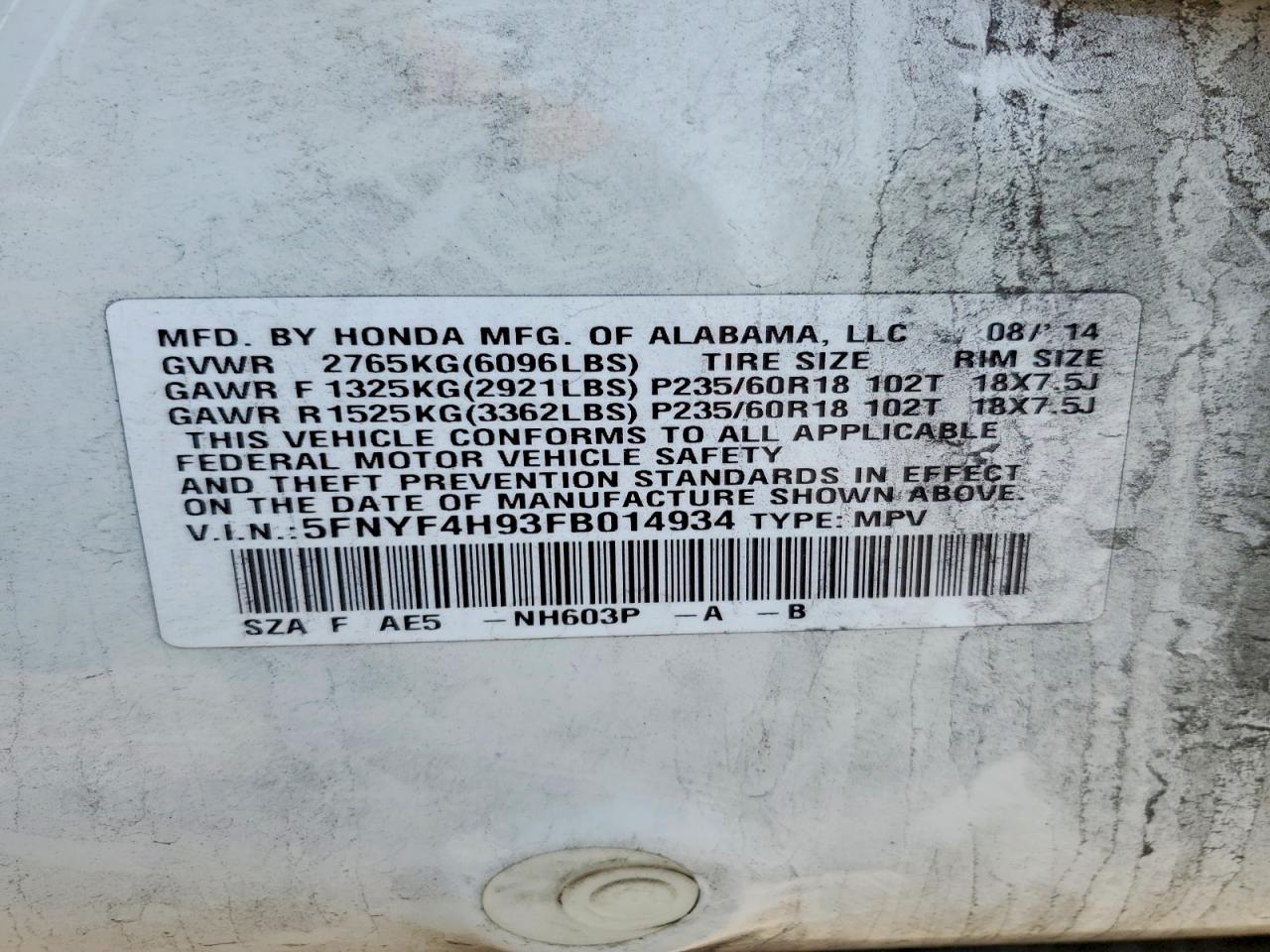 2015 Honda Pilot Touring White vin: 5FNYF4H93FB014934