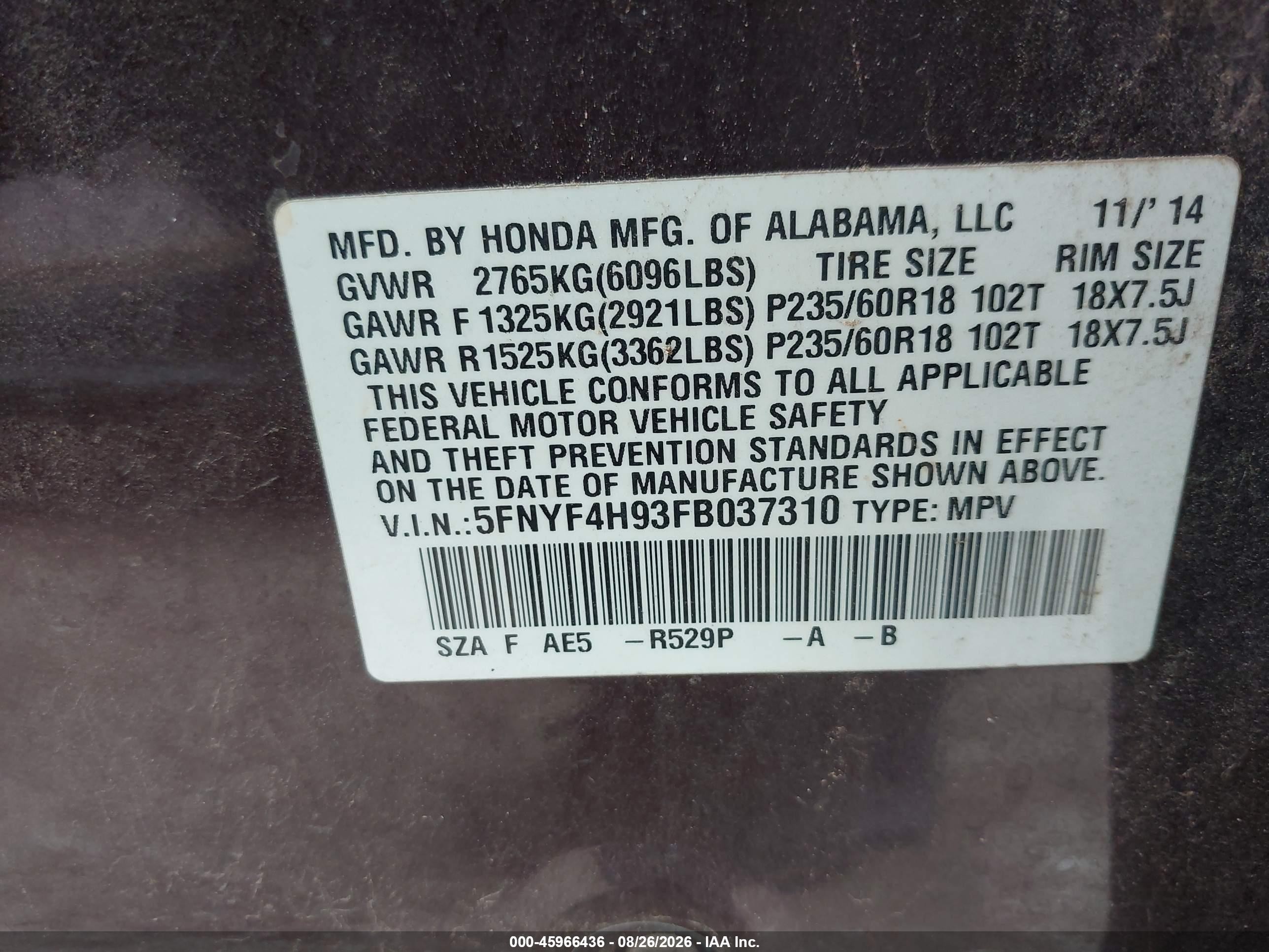2015 Honda Pilot Touring Red vin: 5FNYF4H93FB037310