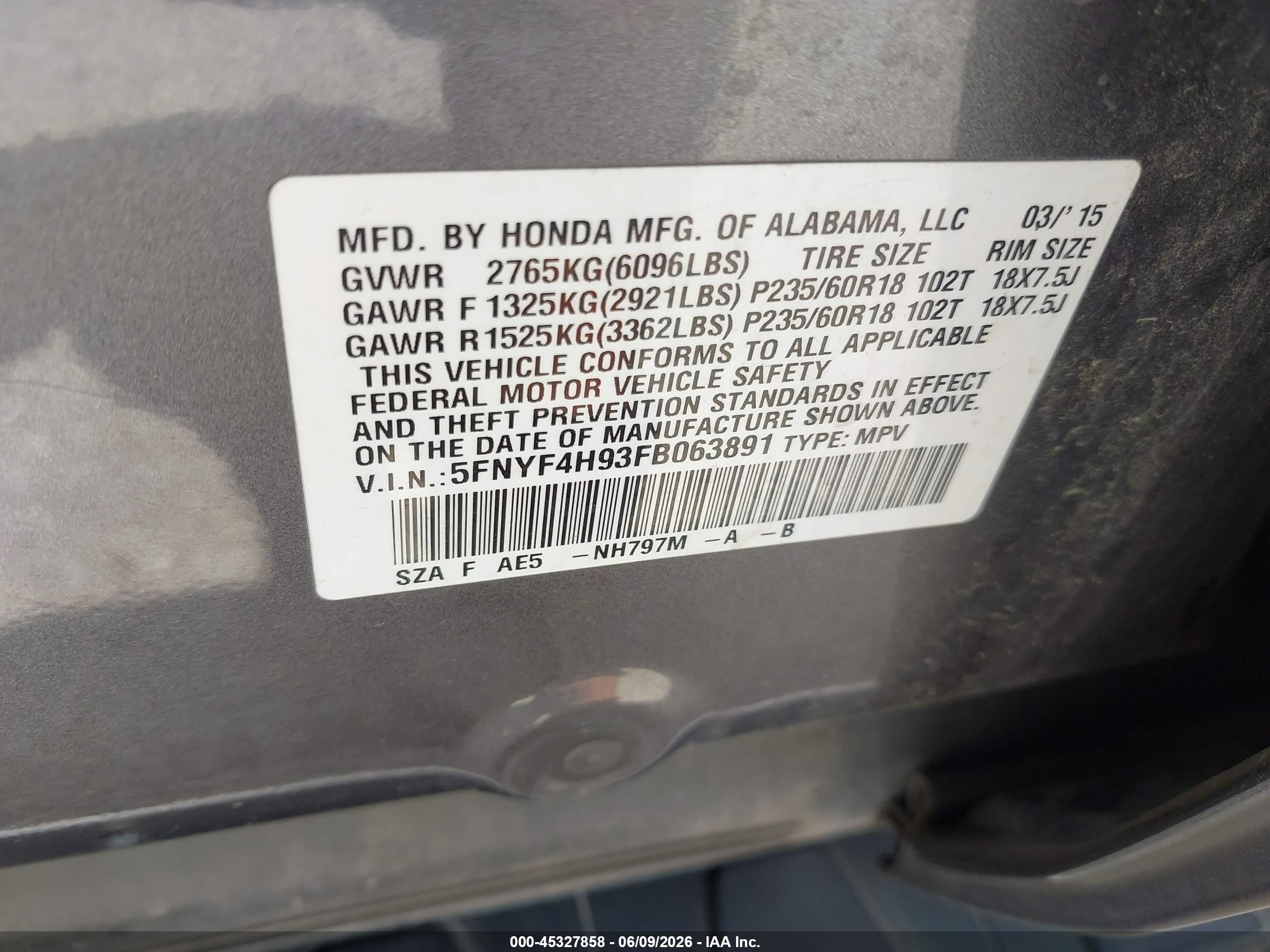 2015 Honda Pilot Touring Серый vin: 5FNYF4H93FB063891