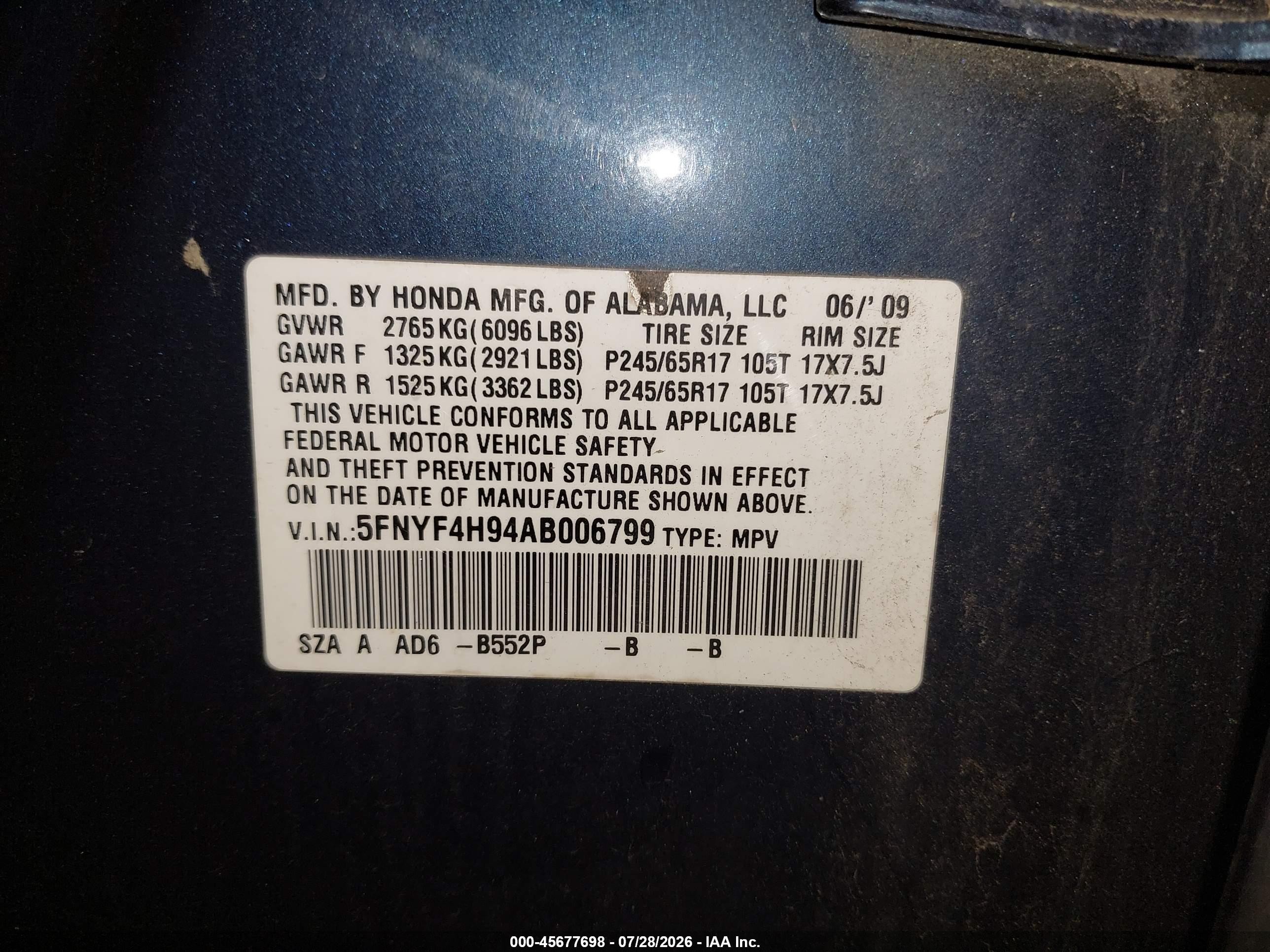 2010 Honda Pilot Touring Blue vin: 5FNYF4H94AB006799