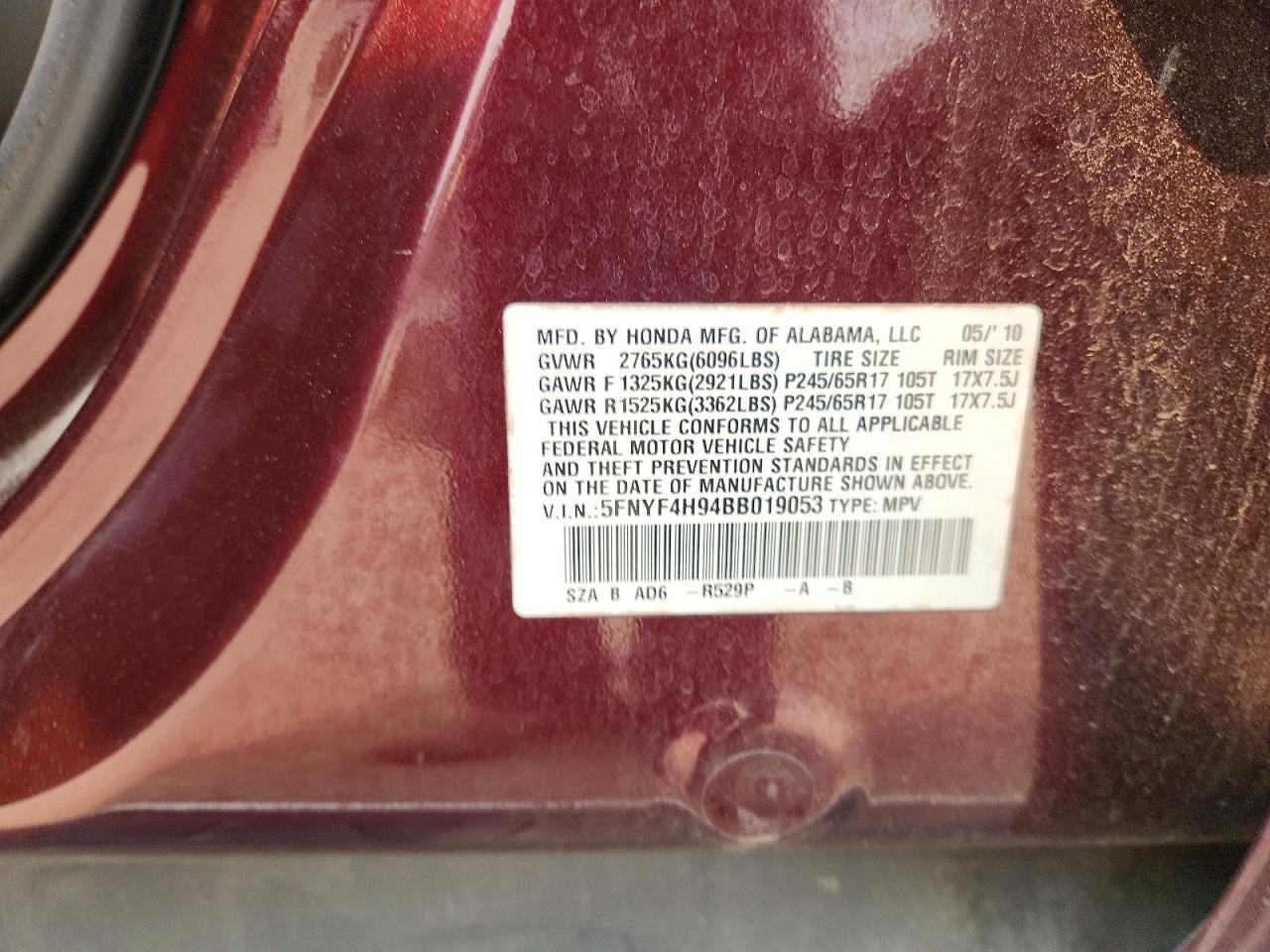 2011 Honda Pilot Touring Burgundy vin: 5FNYF4H94BB019053