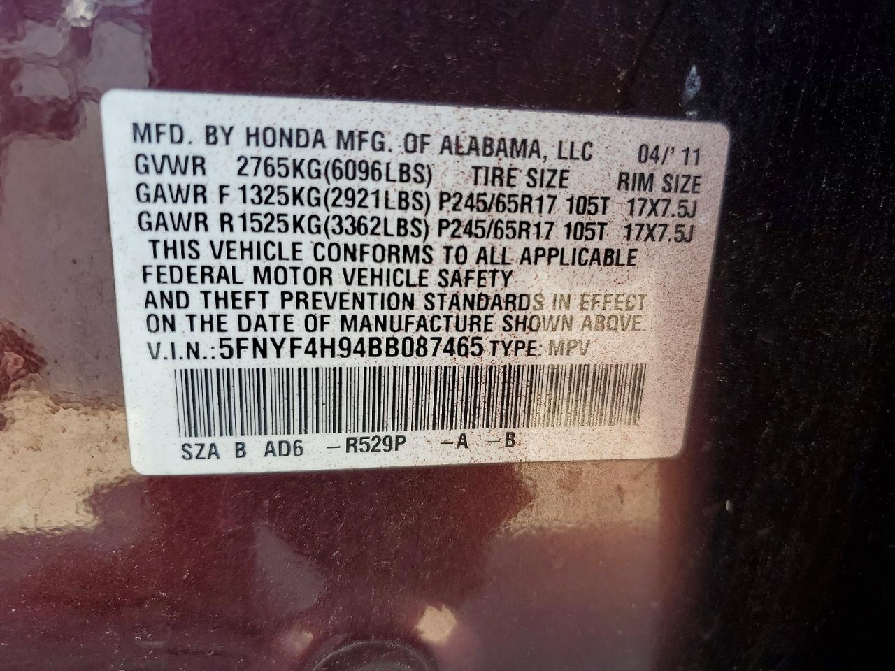 2011 Honda Pilot Touring Burgundy vin: 5FNYF4H94BB087465