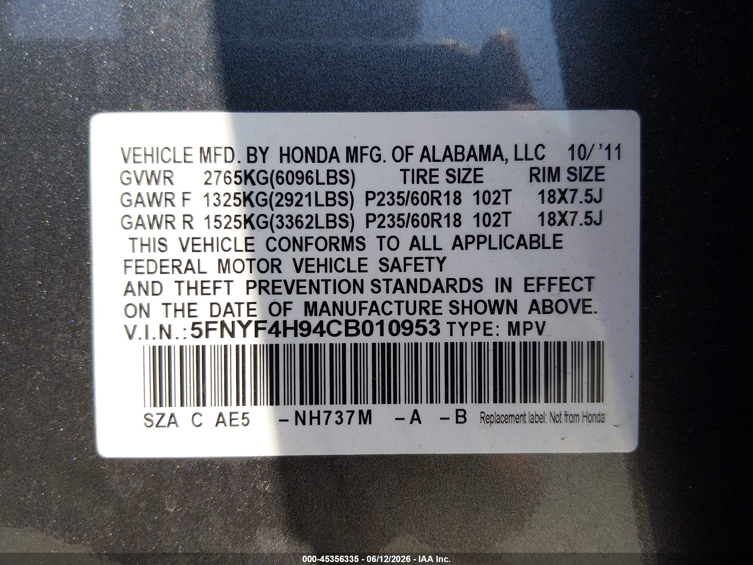 2012 Honda Pilot Touring Gray vin: 5FNYF4H94CB010953