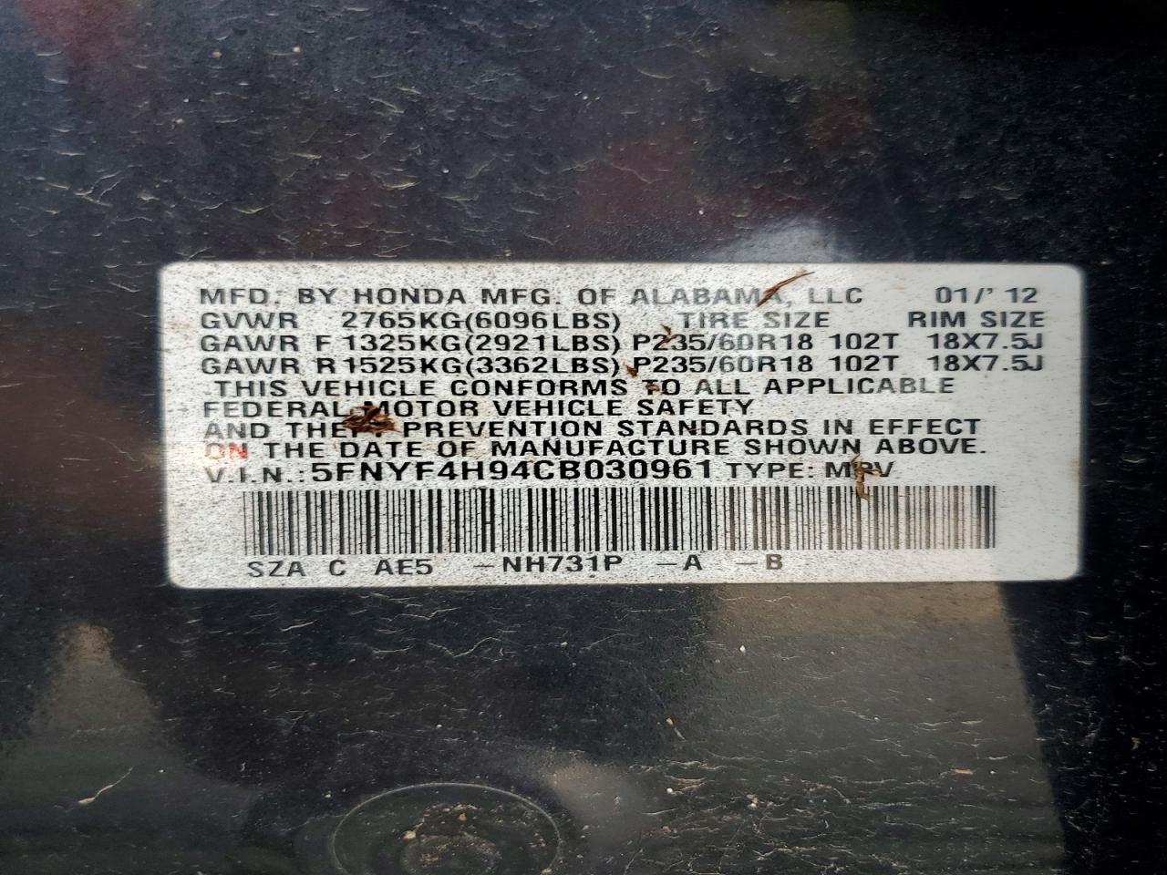 2012 Honda Pilot Touring Black vin: 5FNYF4H94CB030961