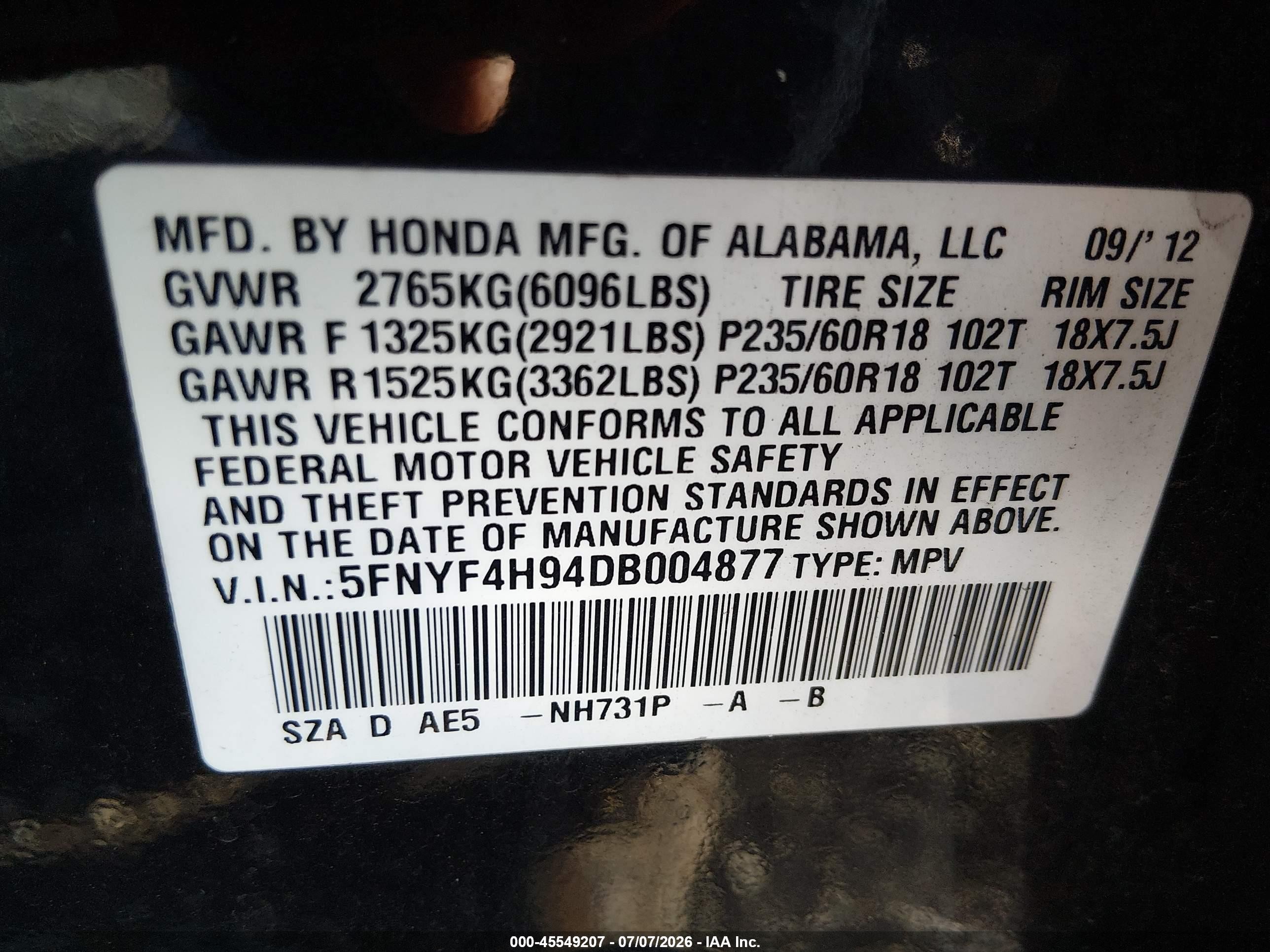 2013 Honda Pilot Touring Black vin: 5FNYF4H94DB004877