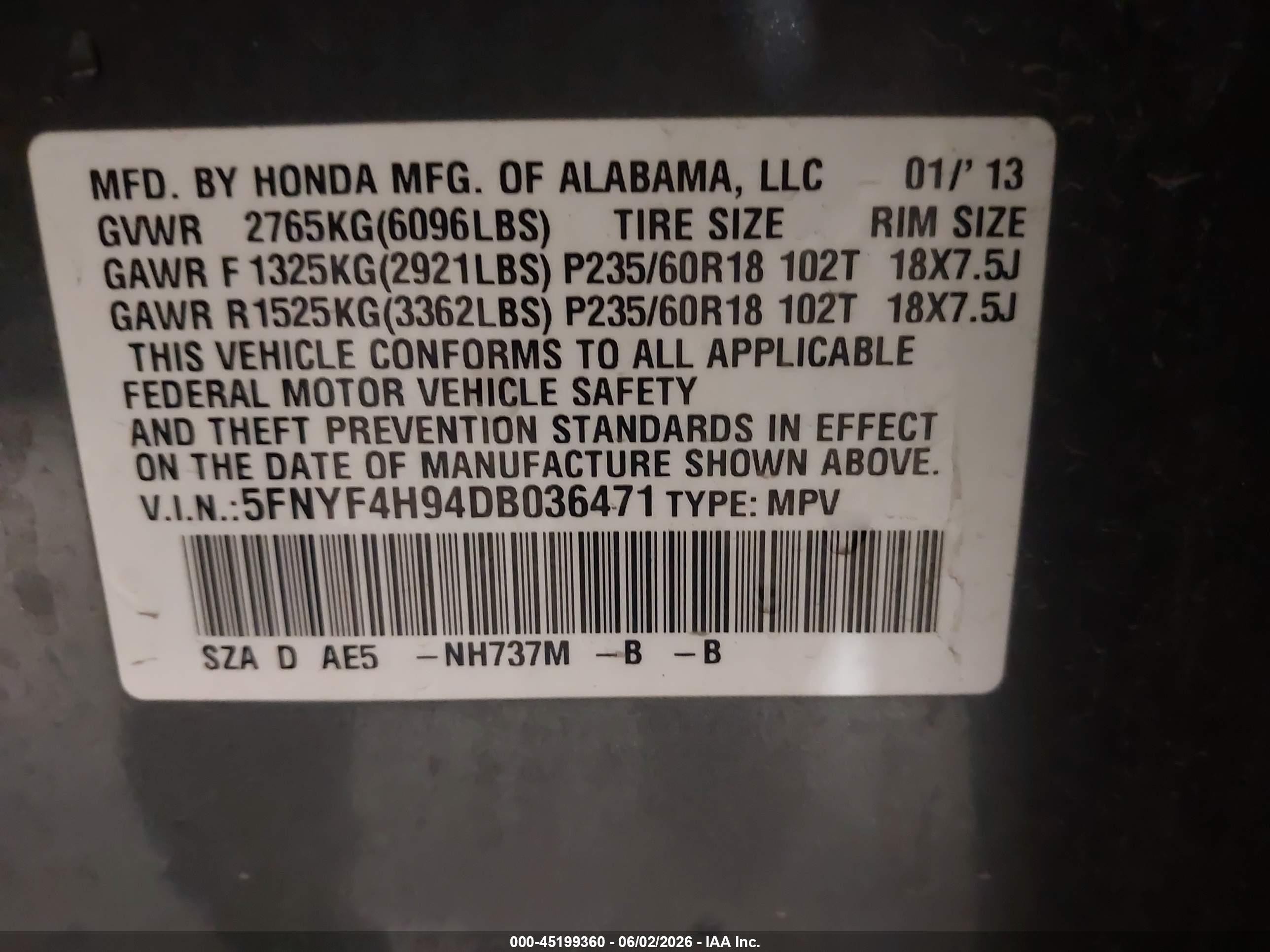 2013 Honda Pilot Touring Gray vin: 5FNYF4H94DB036471