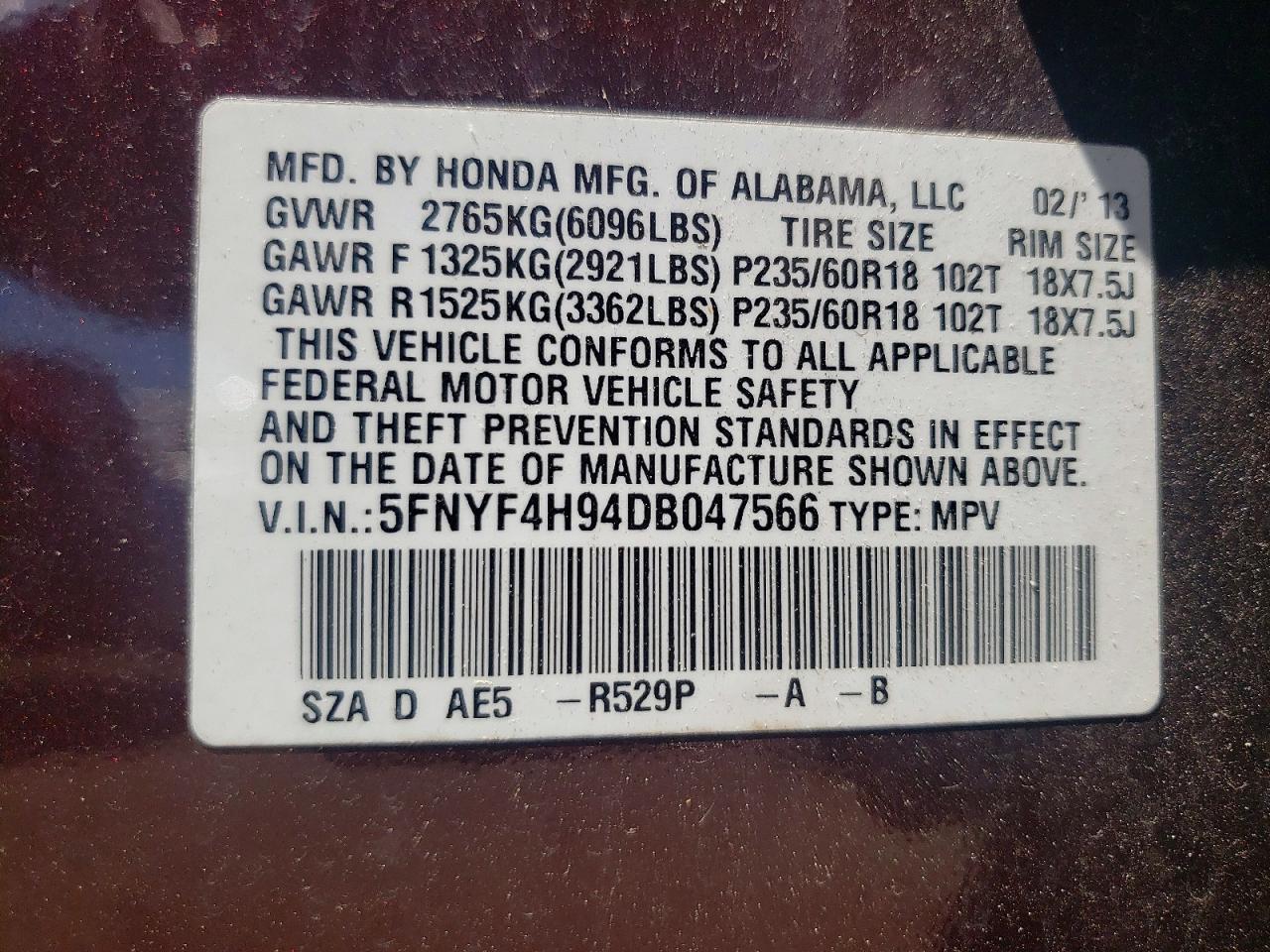 2013 Honda Pilot Touring Maroon vin: 5FNYF4H94DB047566