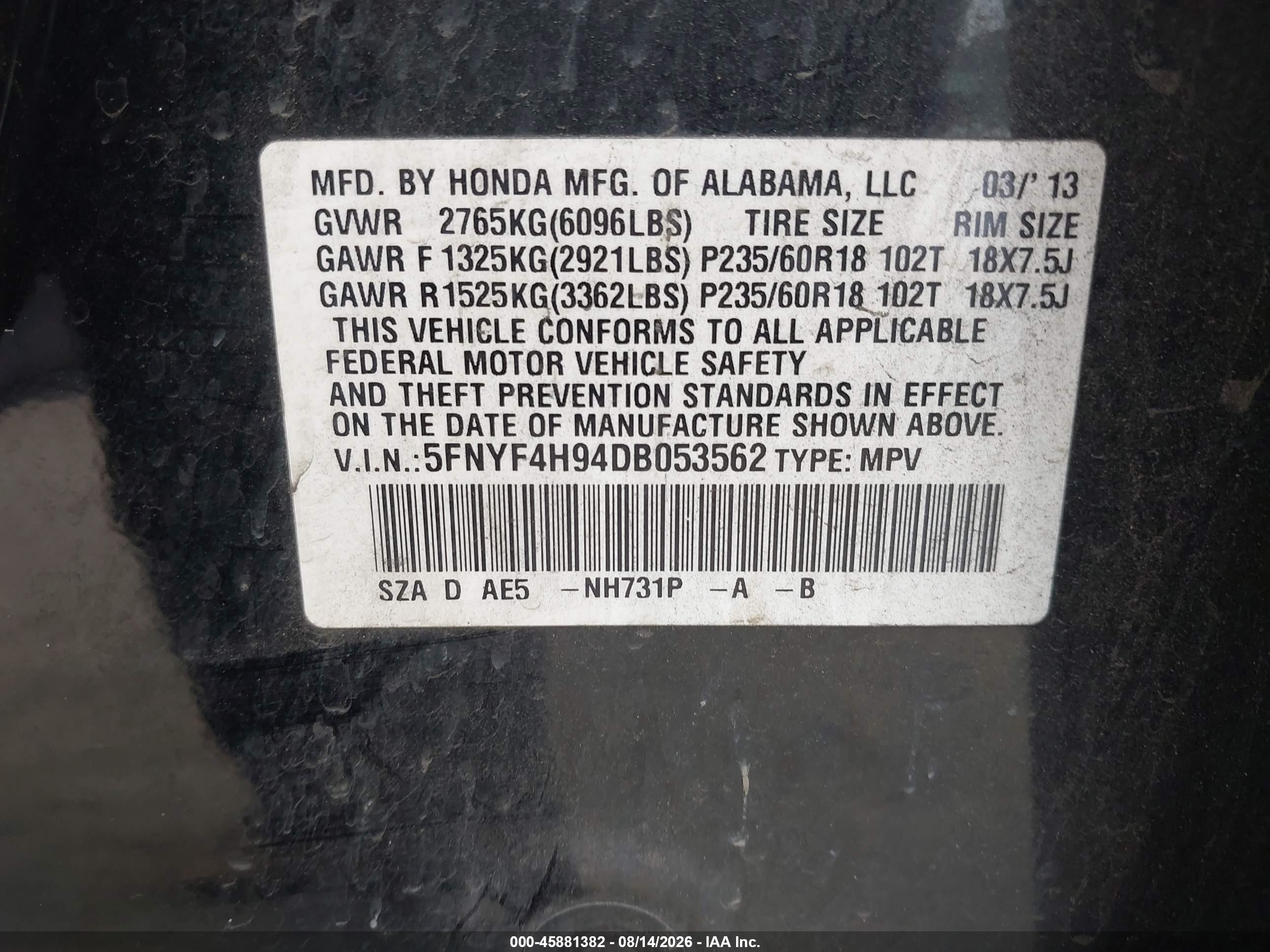 2013 Honda Pilot Touring Черный vin: 5FNYF4H94DB053562