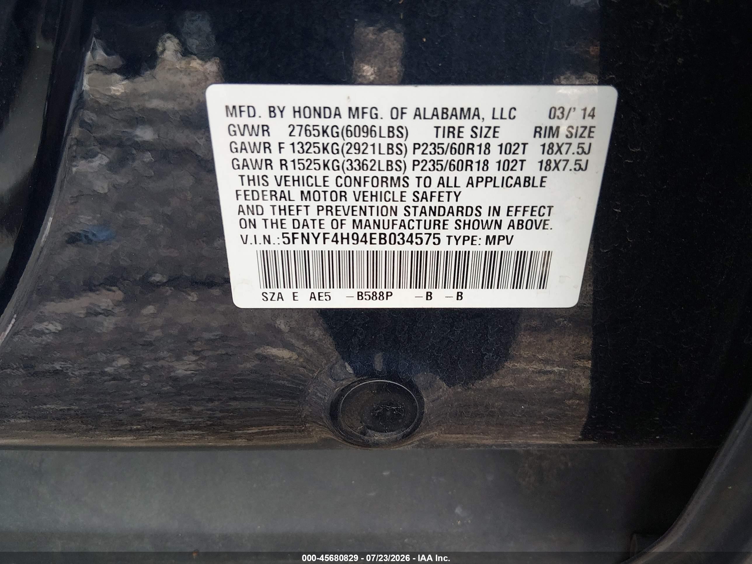 2014 Honda Pilot Touring Black vin: 5FNYF4H94EB034575