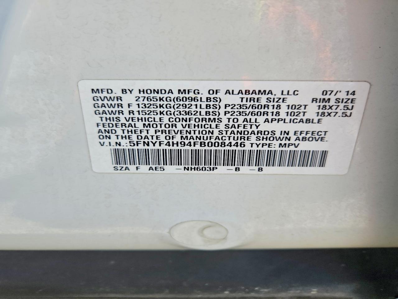 2015 Honda Pilot Touring White vin: 5FNYF4H94FB008446