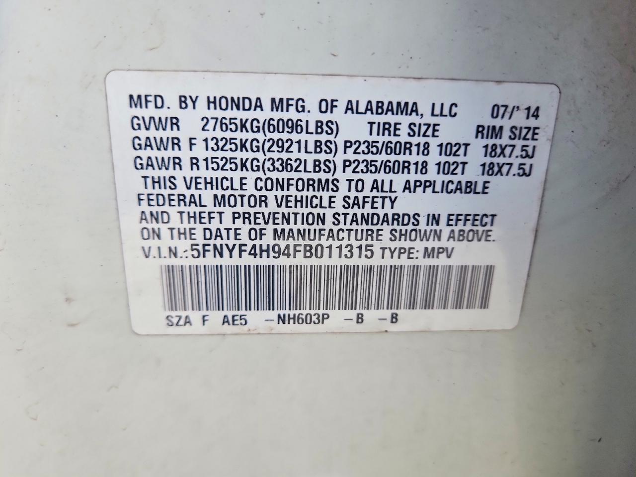2015 Honda Pilot Touring White vin: 5FNYF4H94FB011315