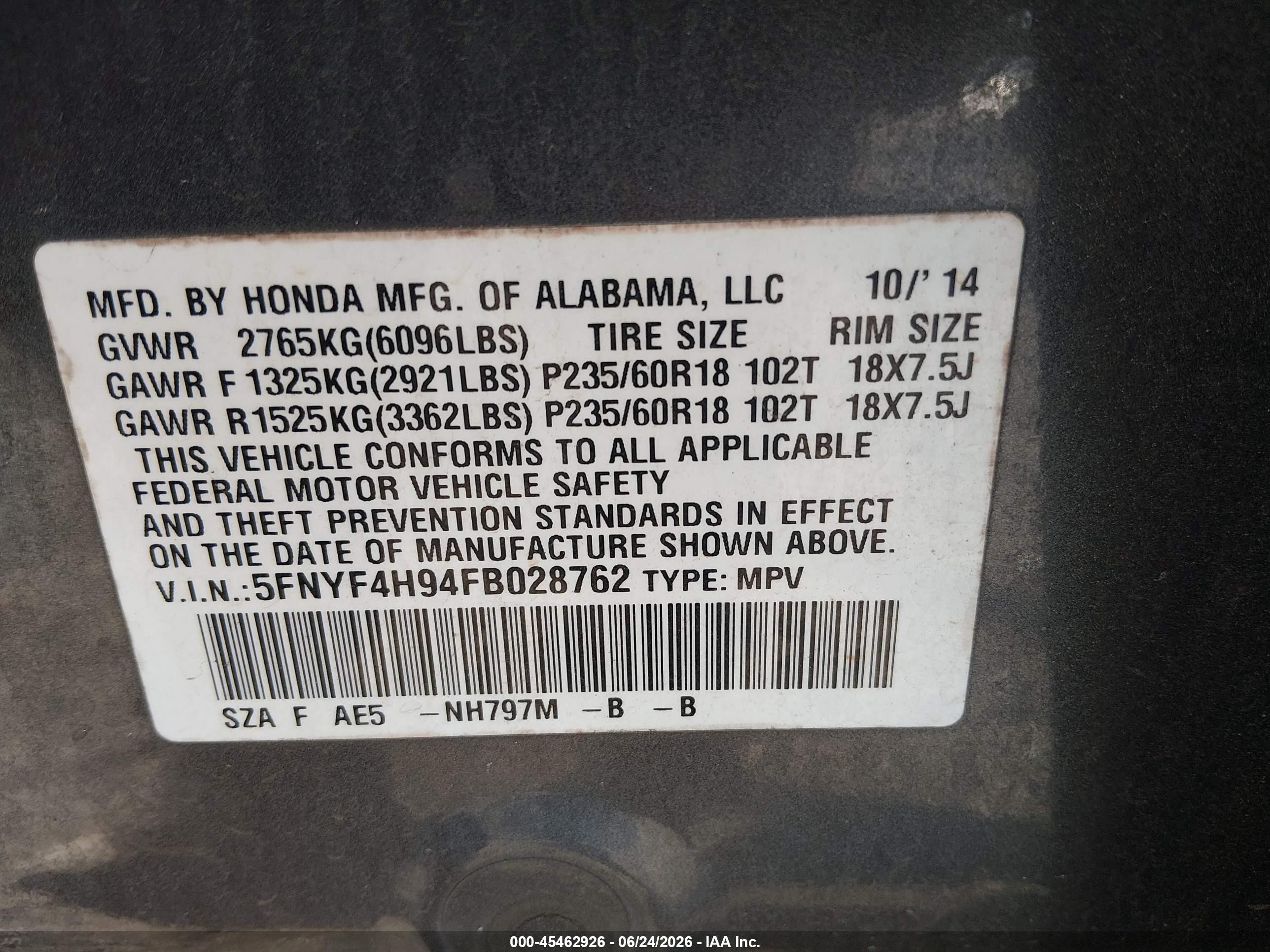 2015 Honda Pilot Touring Black vin: 5FNYF4H94FB028762