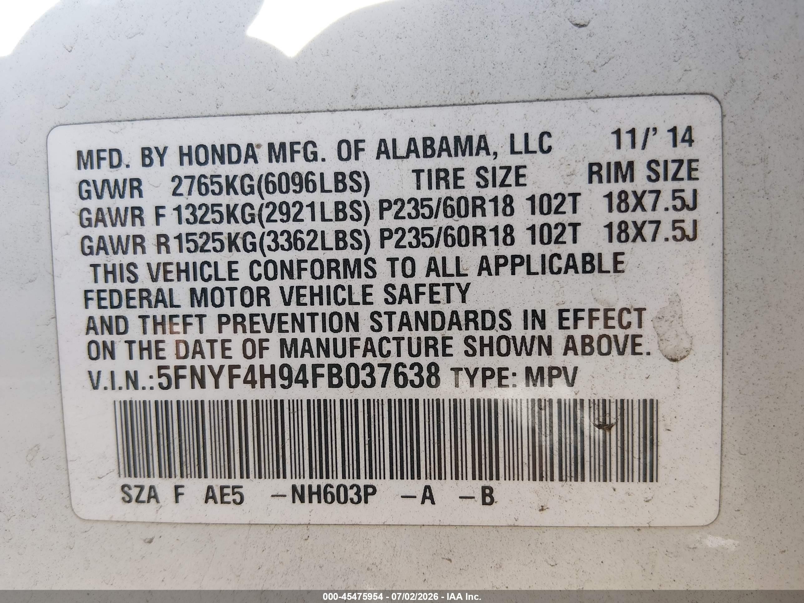 2015 Honda Pilot Touring White vin: 5FNYF4H94FB037638