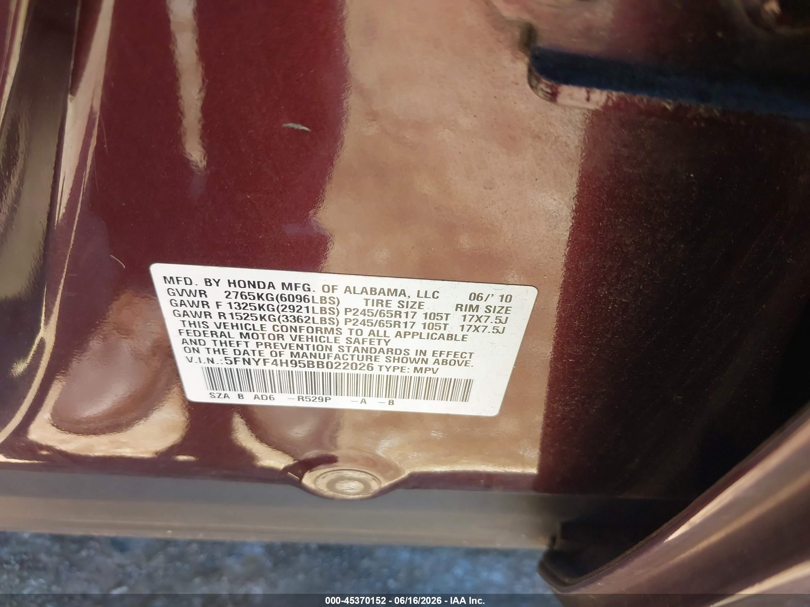 2011 Honda Pilot Touring Maroon vin: 5FNYF4H95BB022026